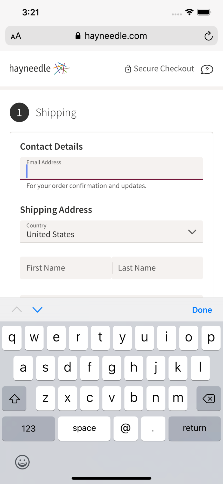Shipping information form on the Hayneedle checkout
