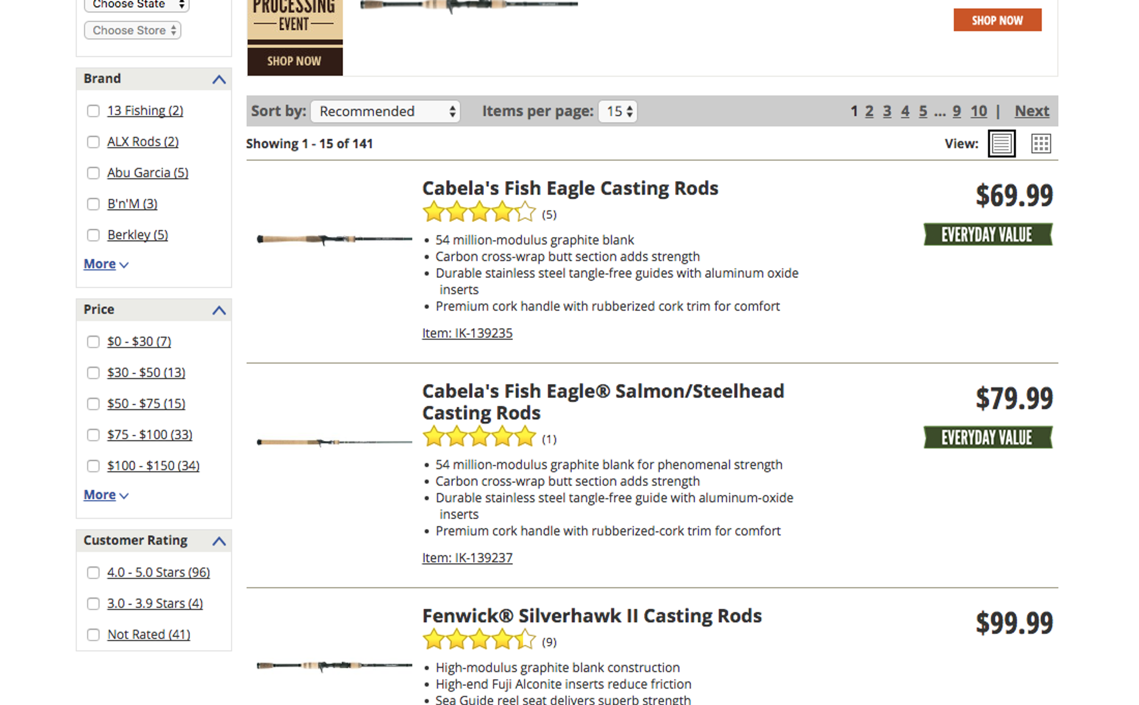 Cabels product listing page showing fishing rods, with a filter sidebar with checkboxes