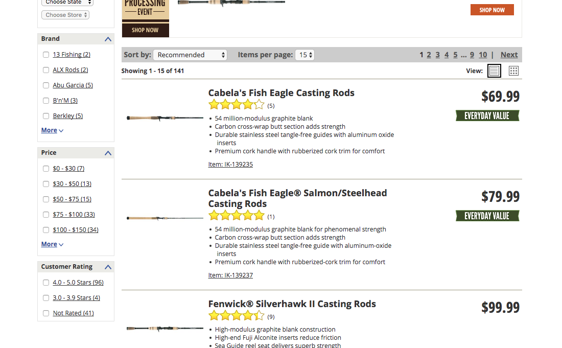 Cabels product listing page showing fishing rods, with a filter sidebar with checkboxes