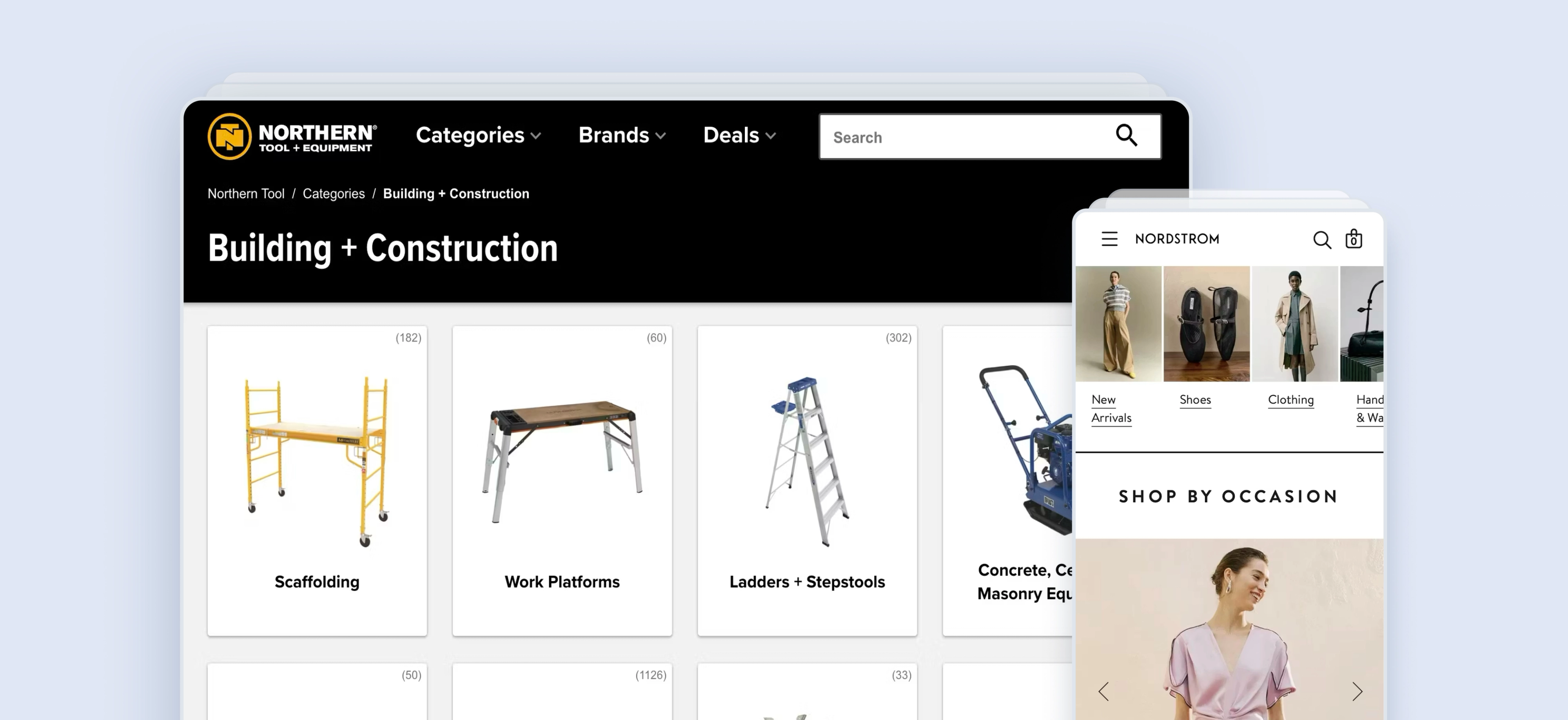 Ecommerce category pages on Northern Tool (desktop) and Nordstrom (mobile)