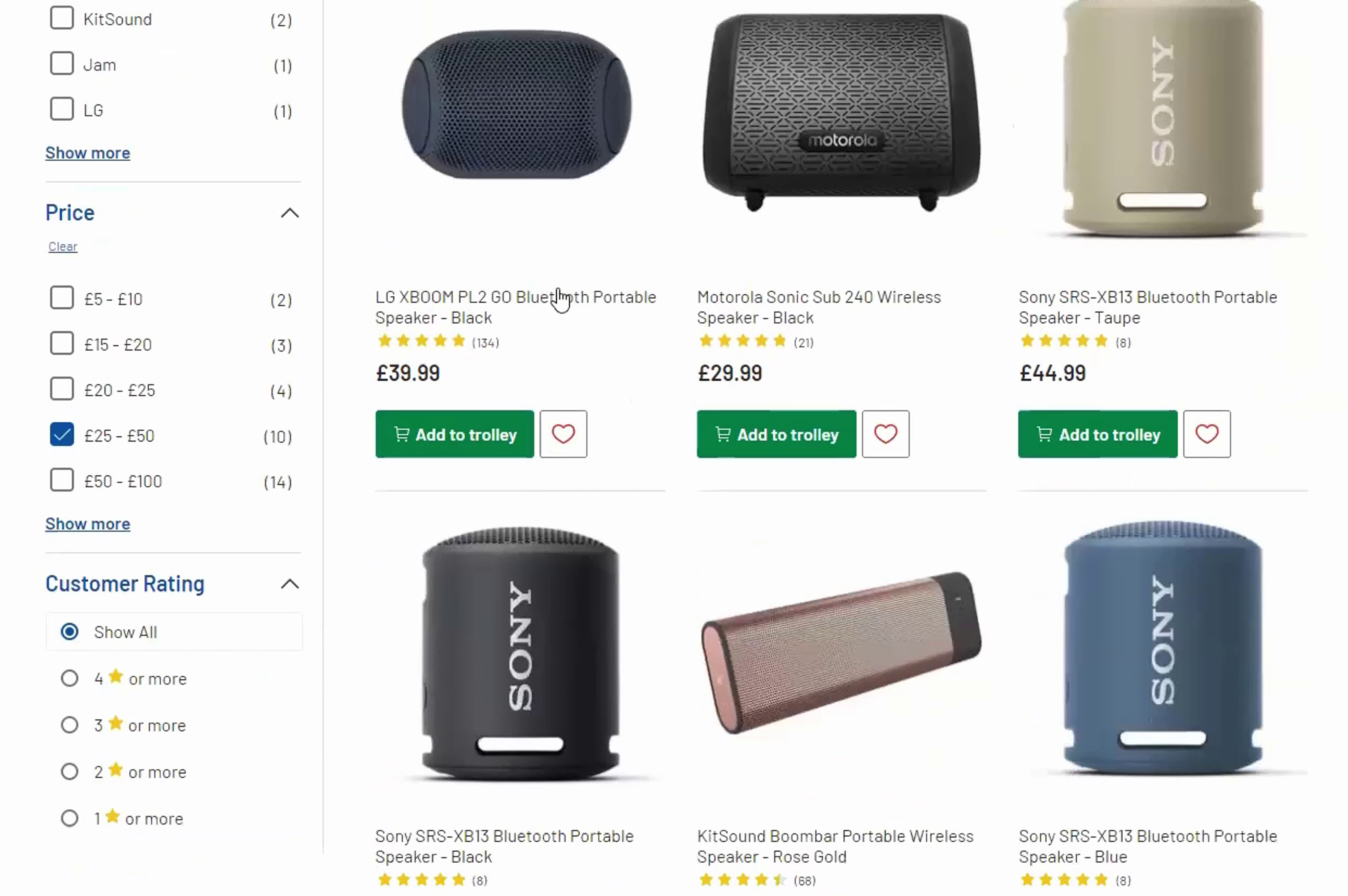 Argos product listing page showing bluetooth speakers, with each product including average rating in the list