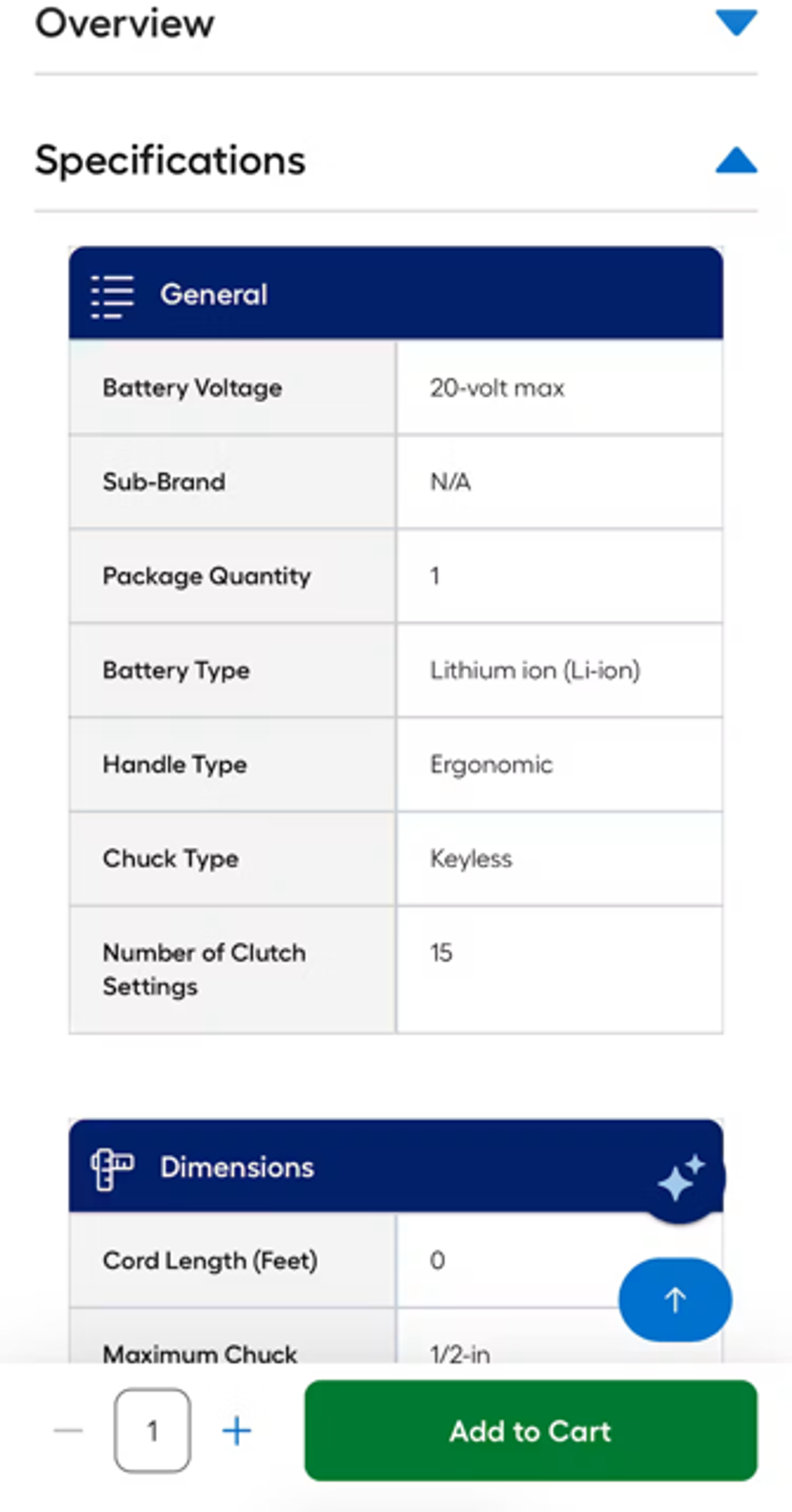 Product spec sheet on the Lowe's mobile website, showing clearly defined sections and collapsible sections to help reduce the need for excessive scrolling.