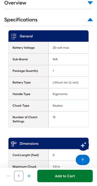 Product spec sheet on the Lowe's mobile website, showing clearly defined sections and collapsible sections to help reduce the need for excessive scrolling.