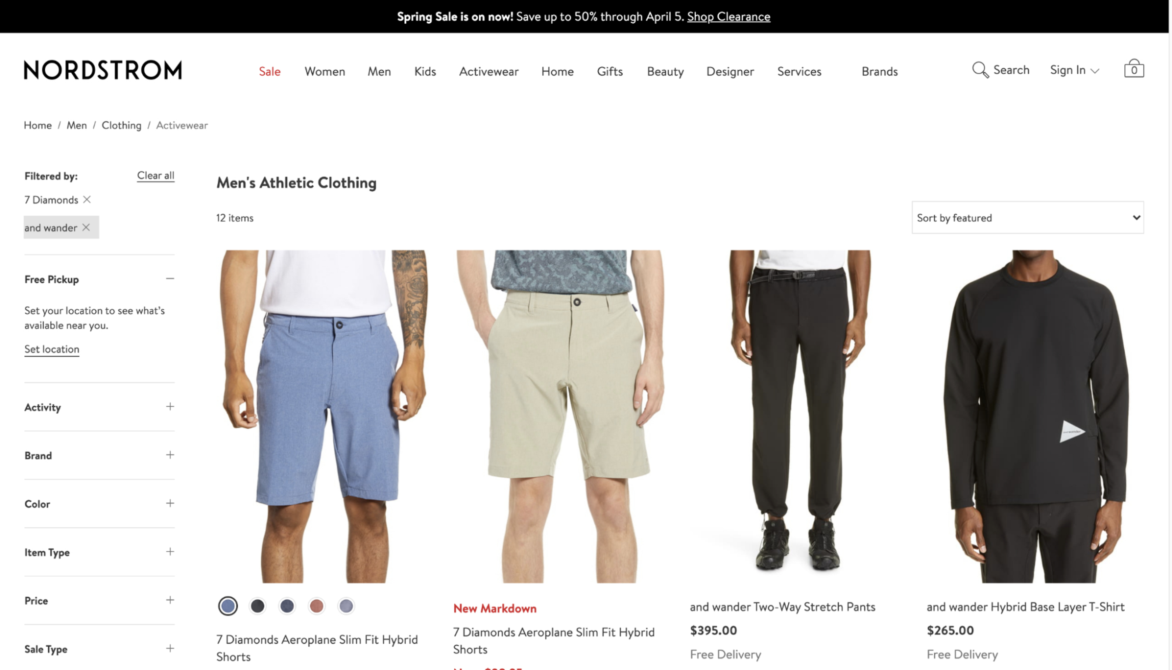 Nordstrom product listing page showing men's athletic clothing
