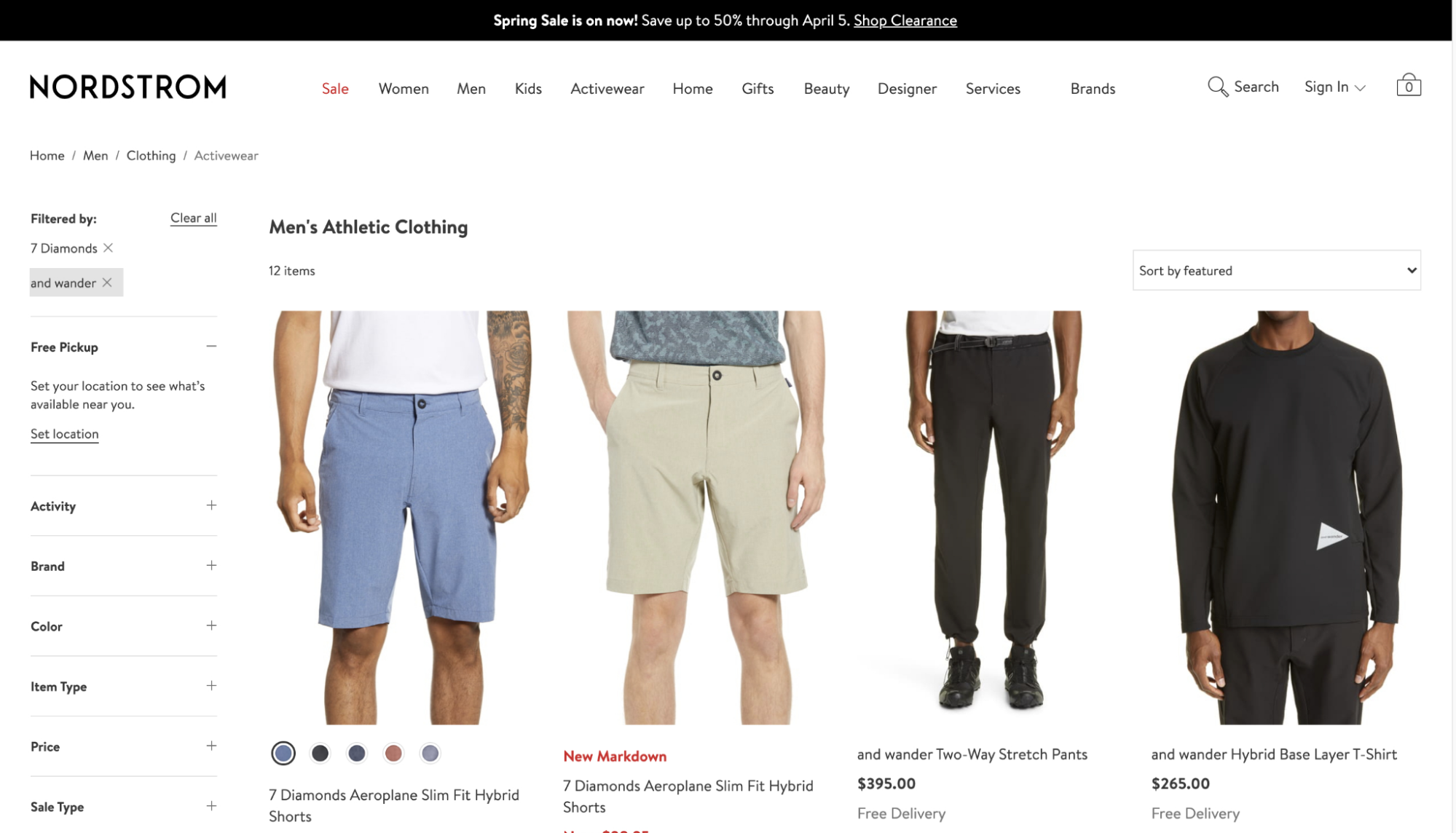 Nordstrom product listing page showing men's athletic clothing