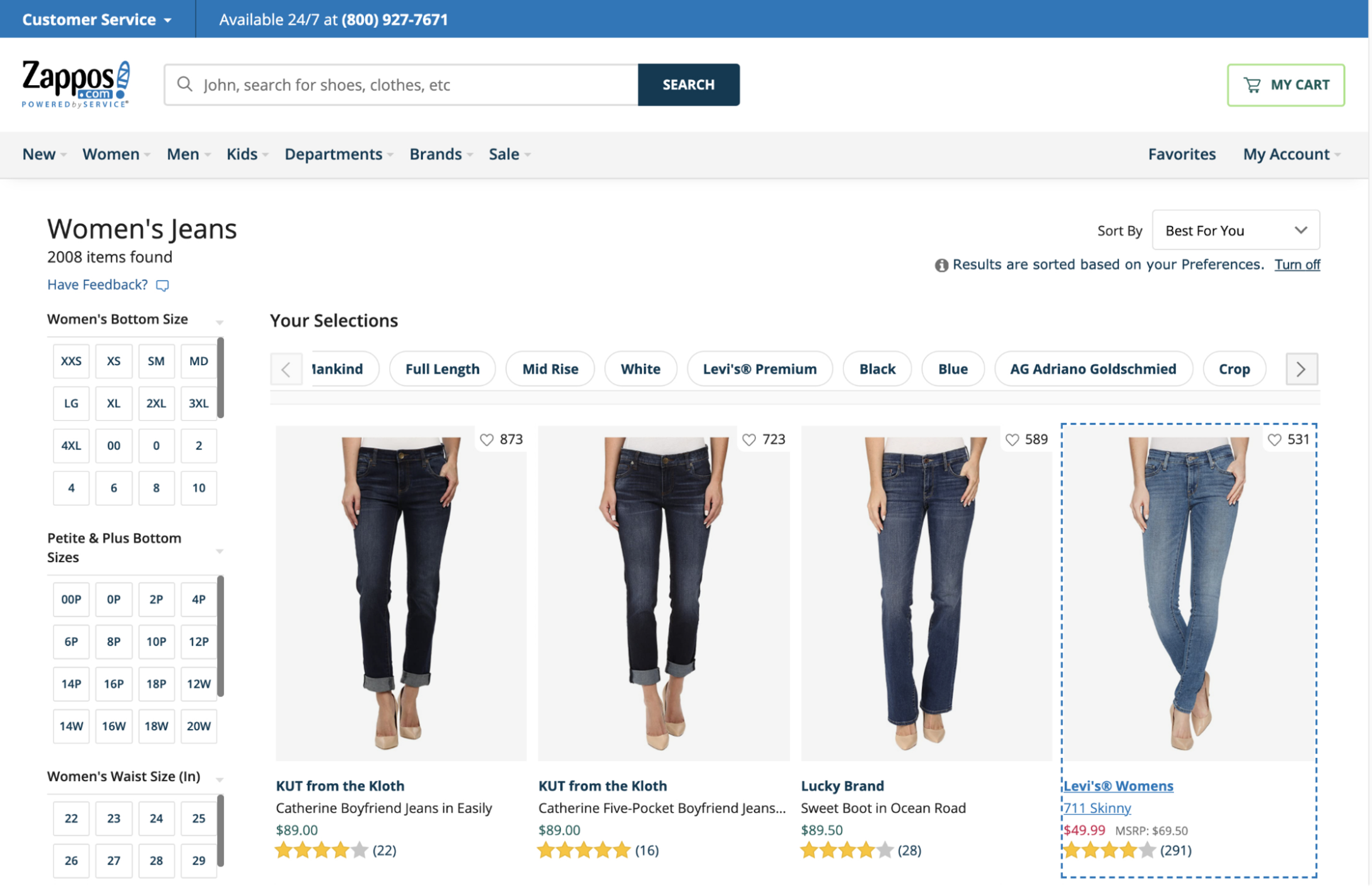Zappos product listing page for women's jeans