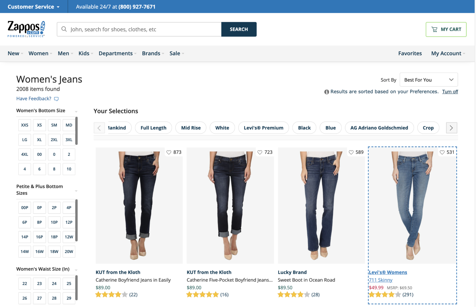 Zappos product listing page for women's jeans