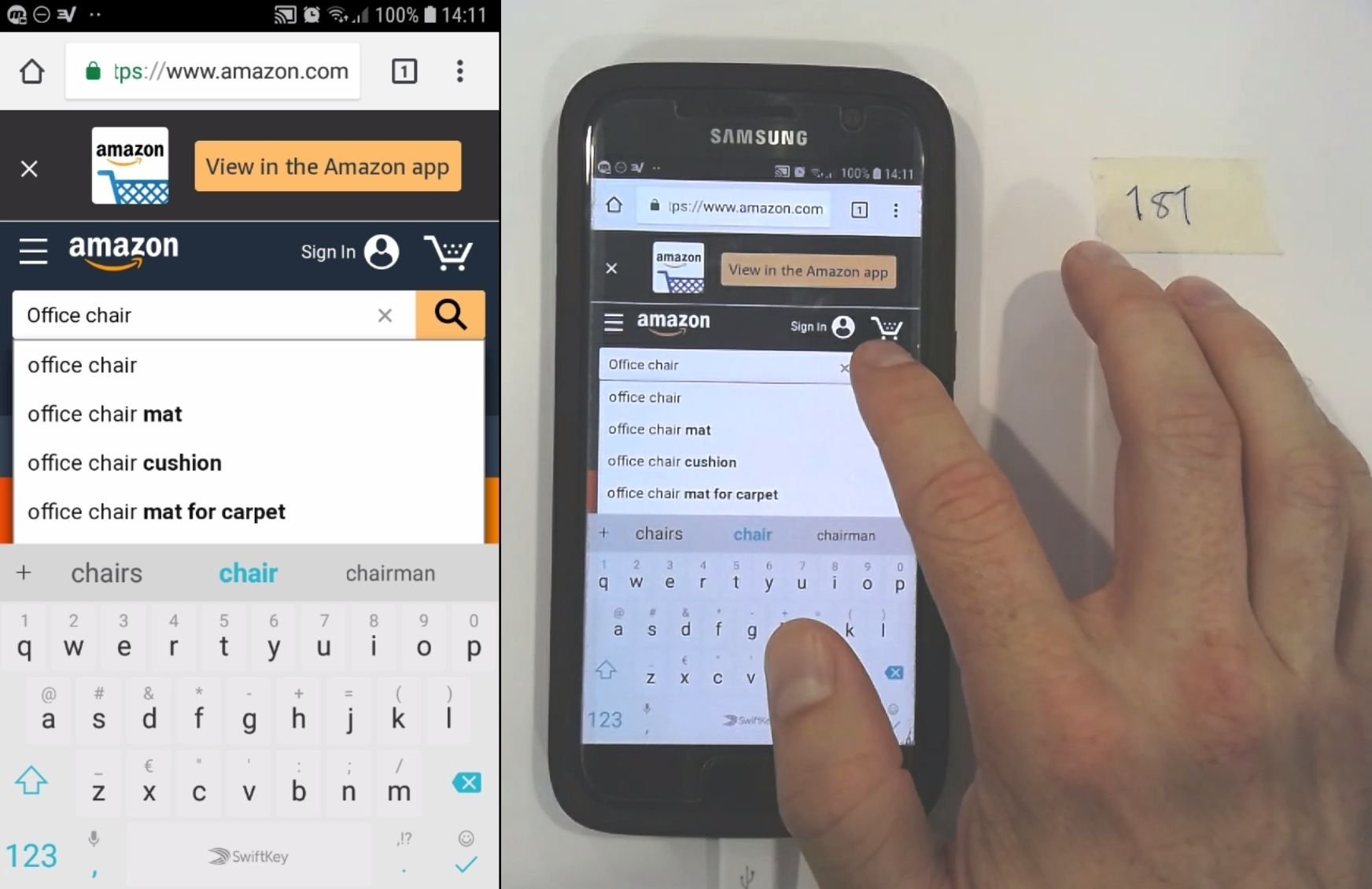 A user searching for an office chair on the Amazon app, using a Samsung mobile device