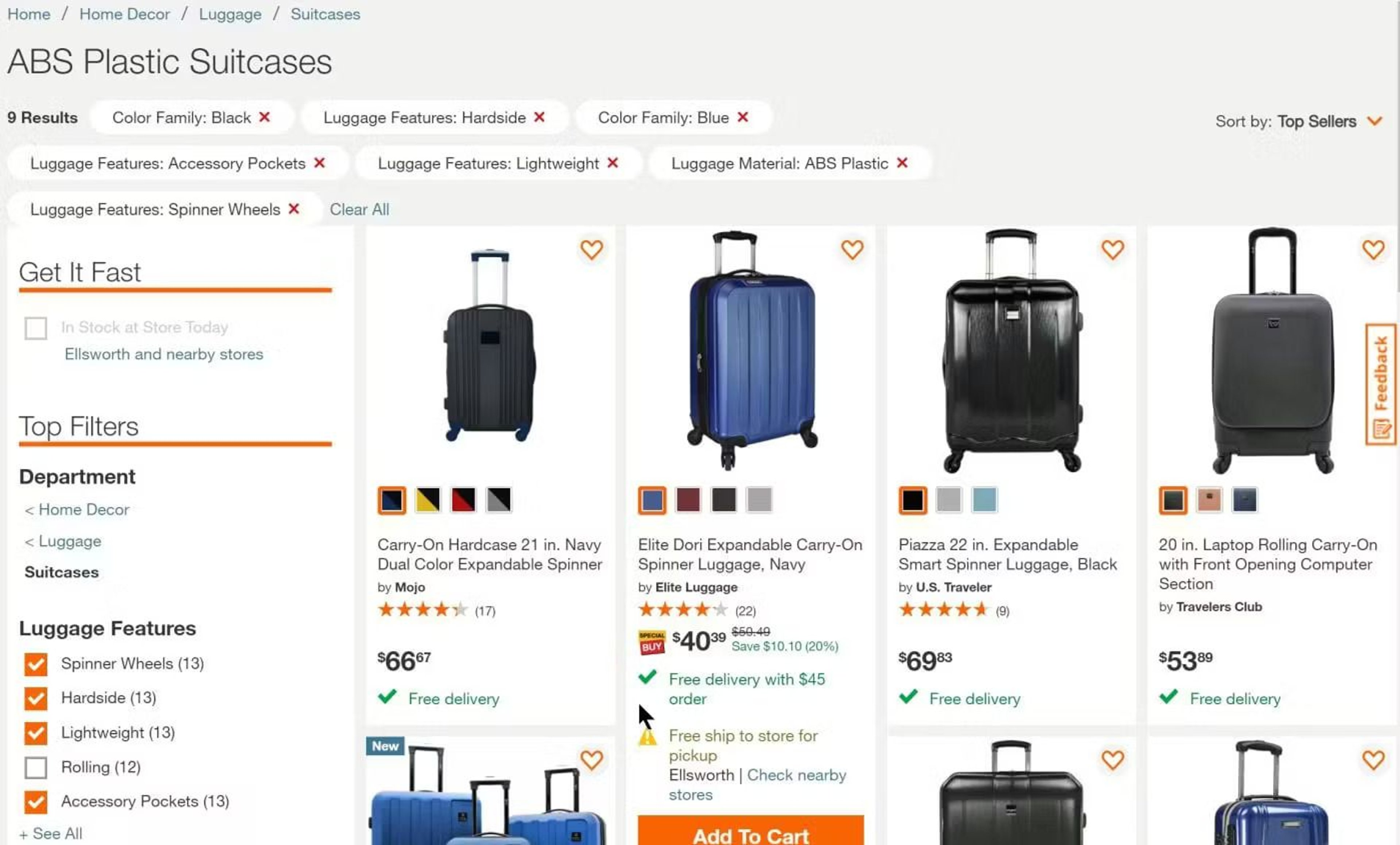 Luggage product listing page on an ecommerce site, with filters in a sidebar