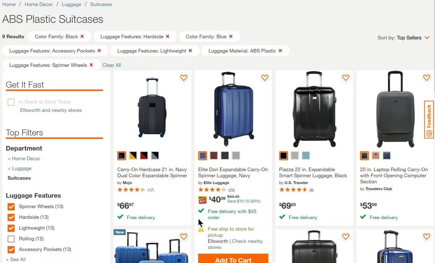 Luggage product listing page on an ecommerce site, with filters in a sidebar