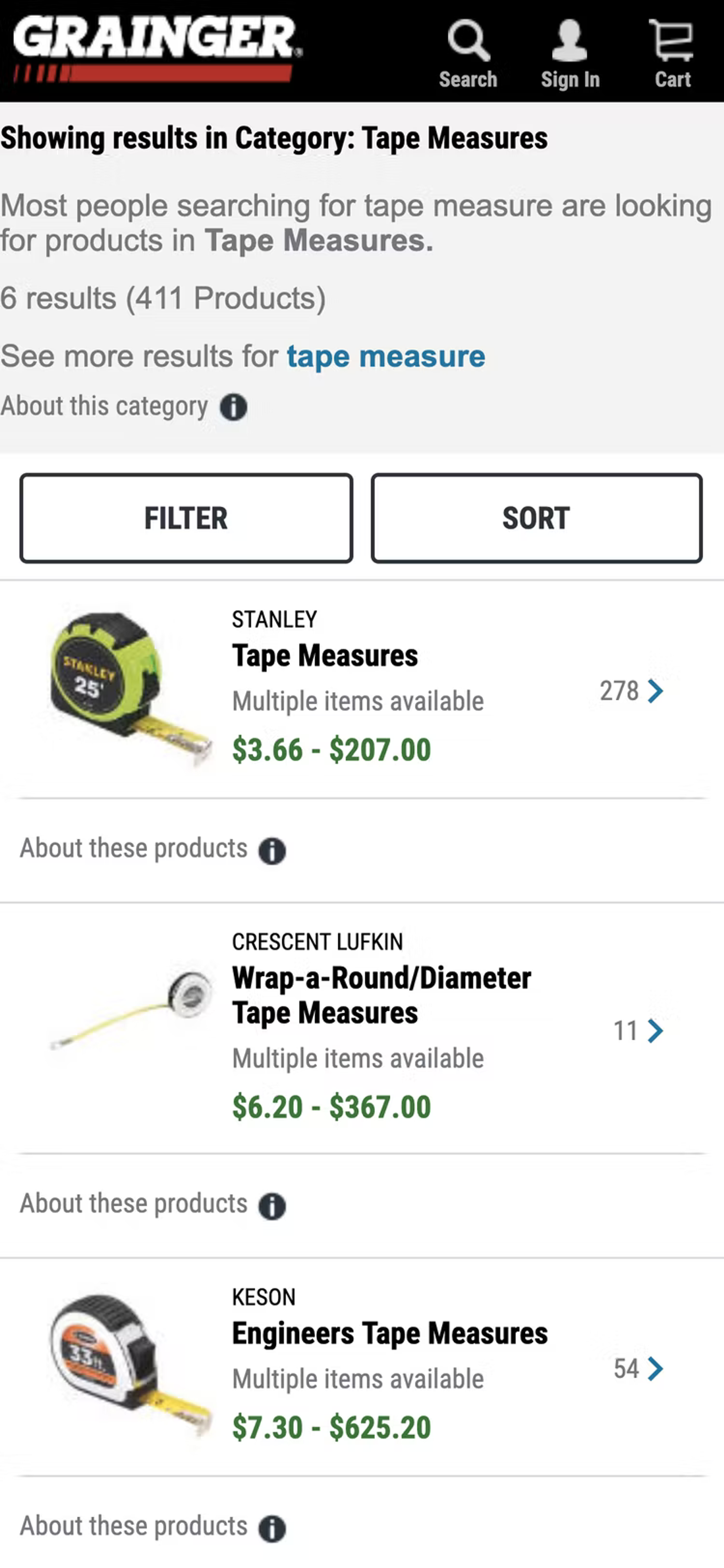 Grainger search results page for tape measures