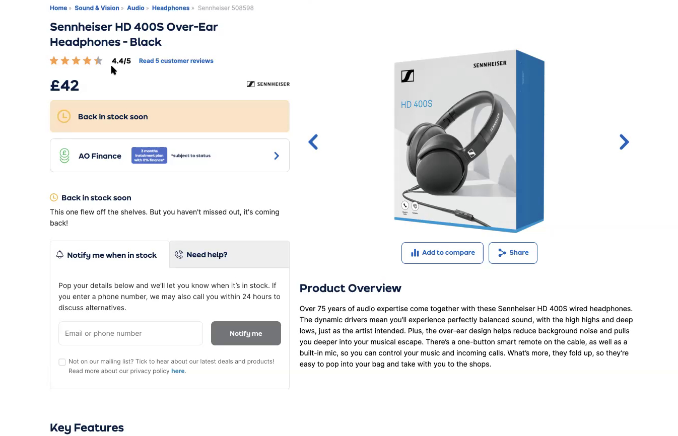 Appliances Online (UK) product detail page for Sennheiser headphones with clear customer reviews visible