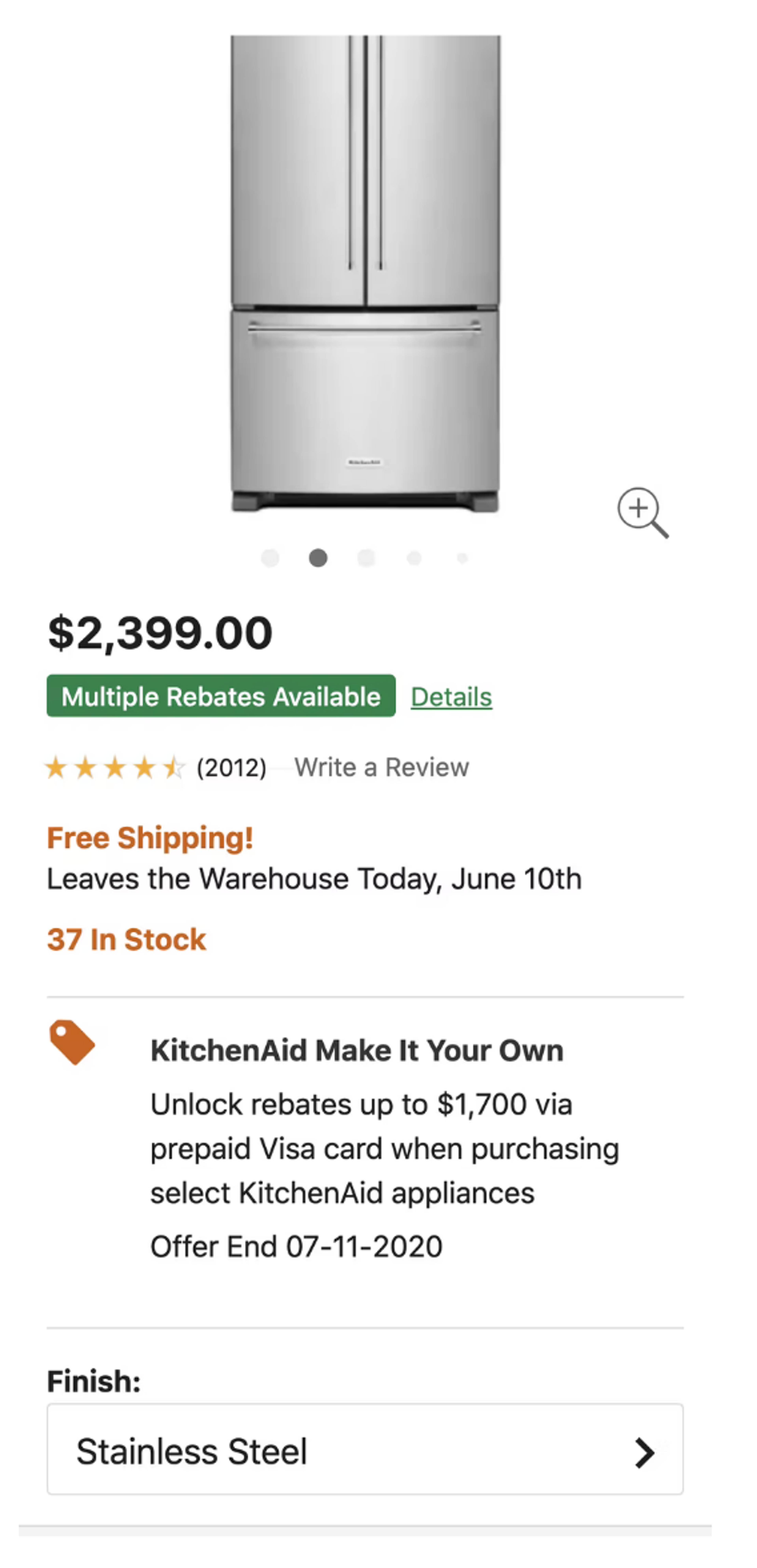 Build.com product page for a fridge freezer