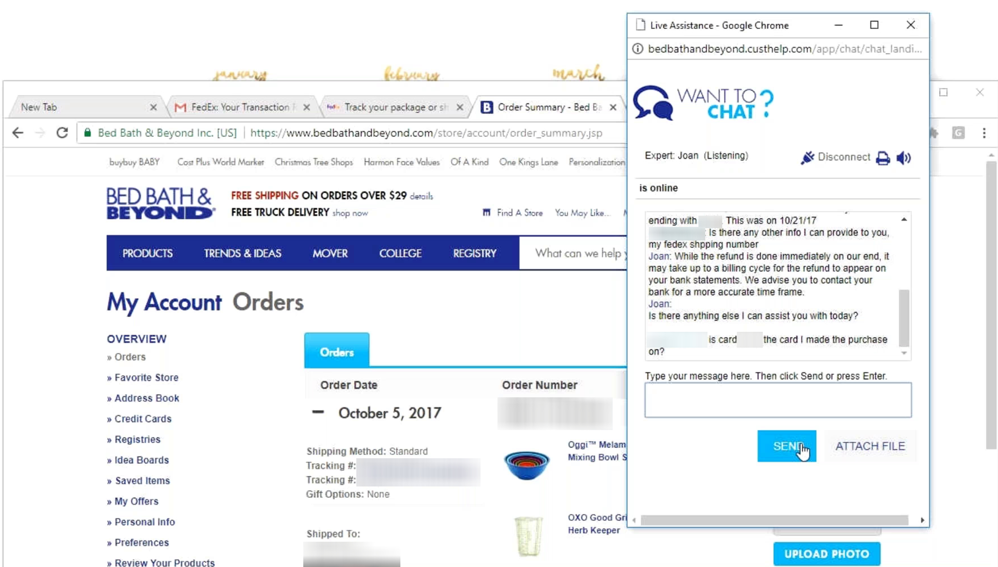 Bed, Bath & Beyond account page showing a user's order history with a live chat overlay