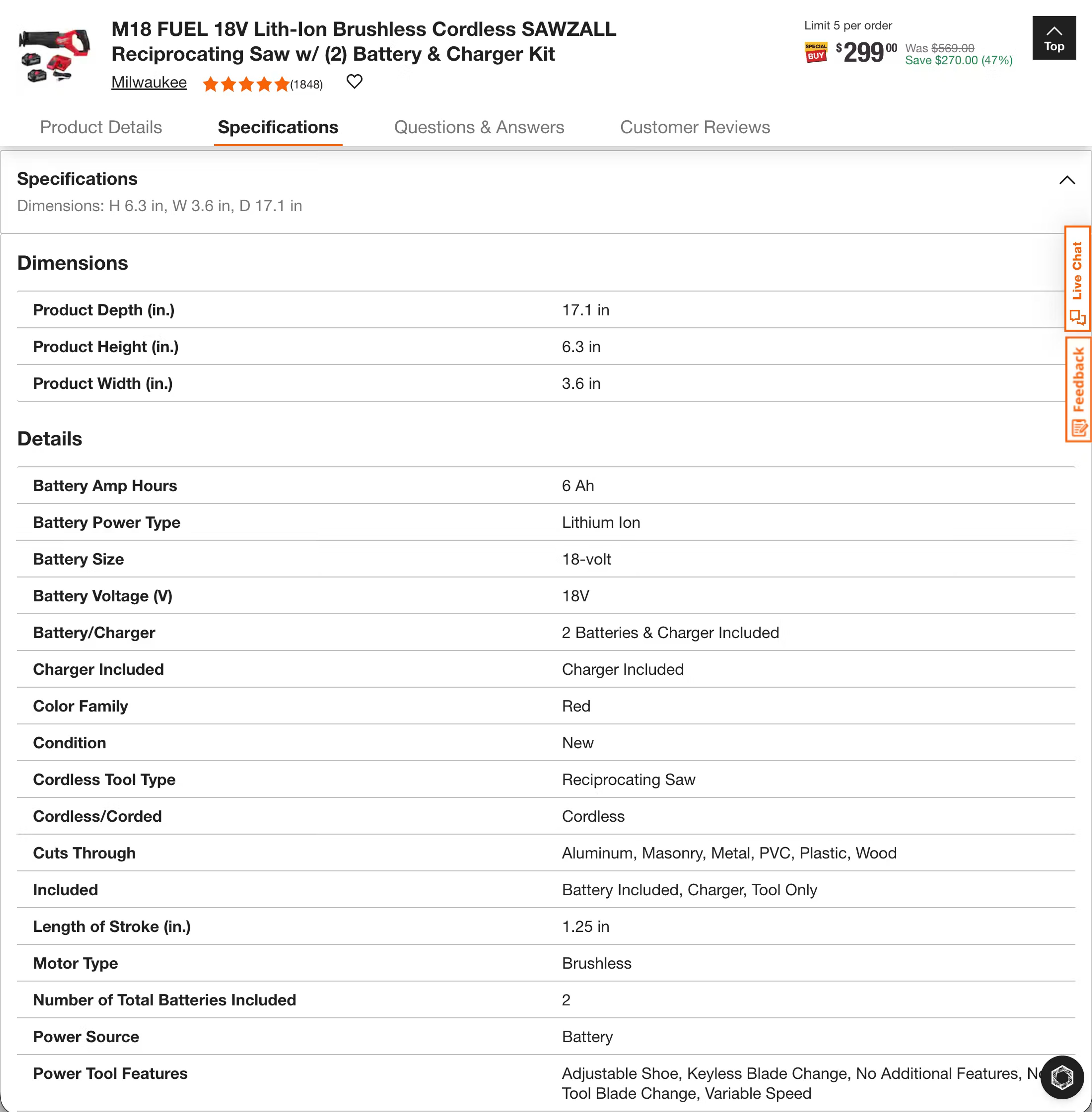 Home Depot spec sheet for a cordless reciprocating saw, showing clearly defined subheadings and labels with easy-to-read information in a table.