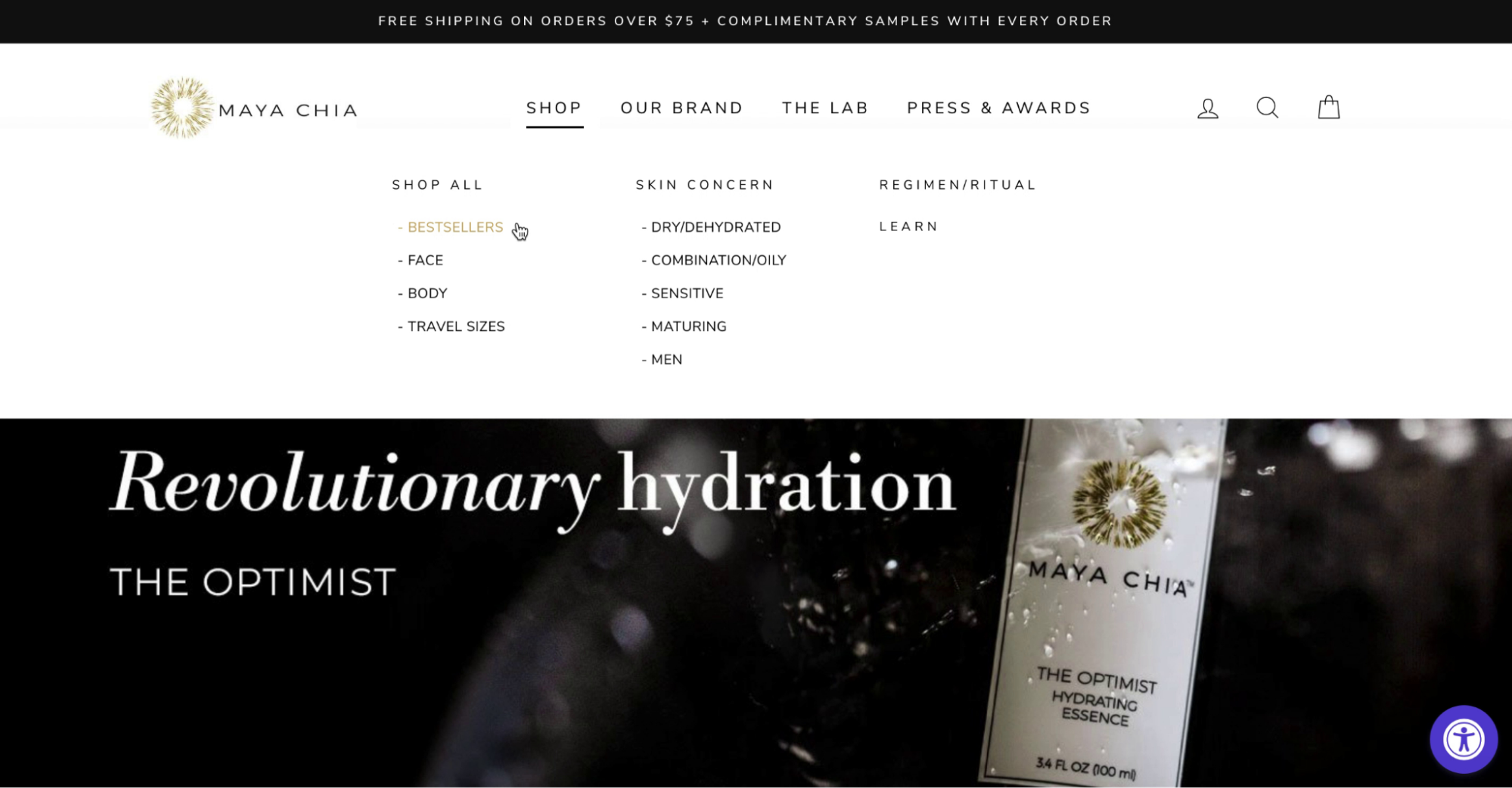 Maya Chia navigation menu with a user hovering over the "bestsellers" link
