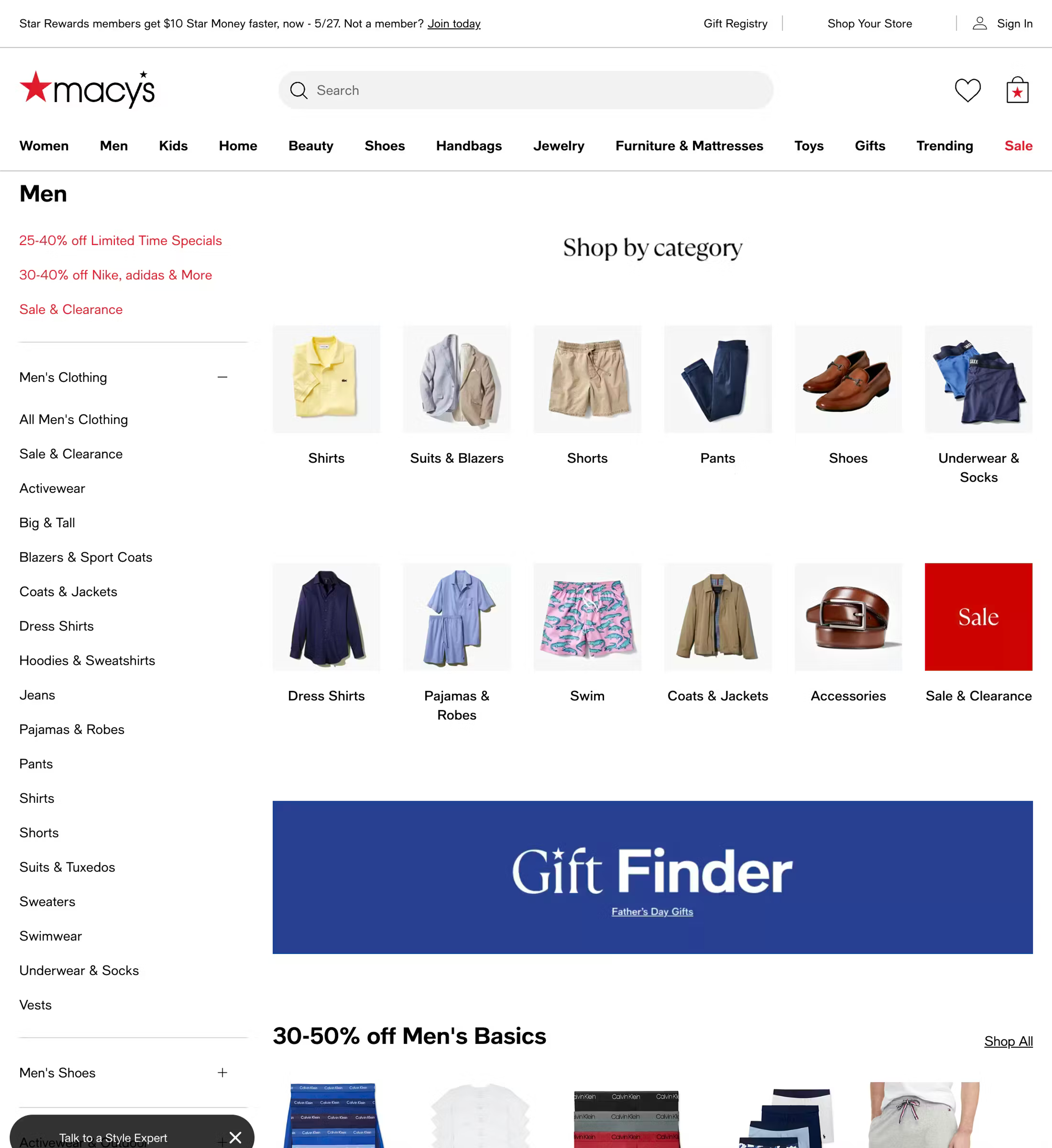 Macy's menswear category page, showing subcategories followed by supplementary content including gift finder and promotional deals.