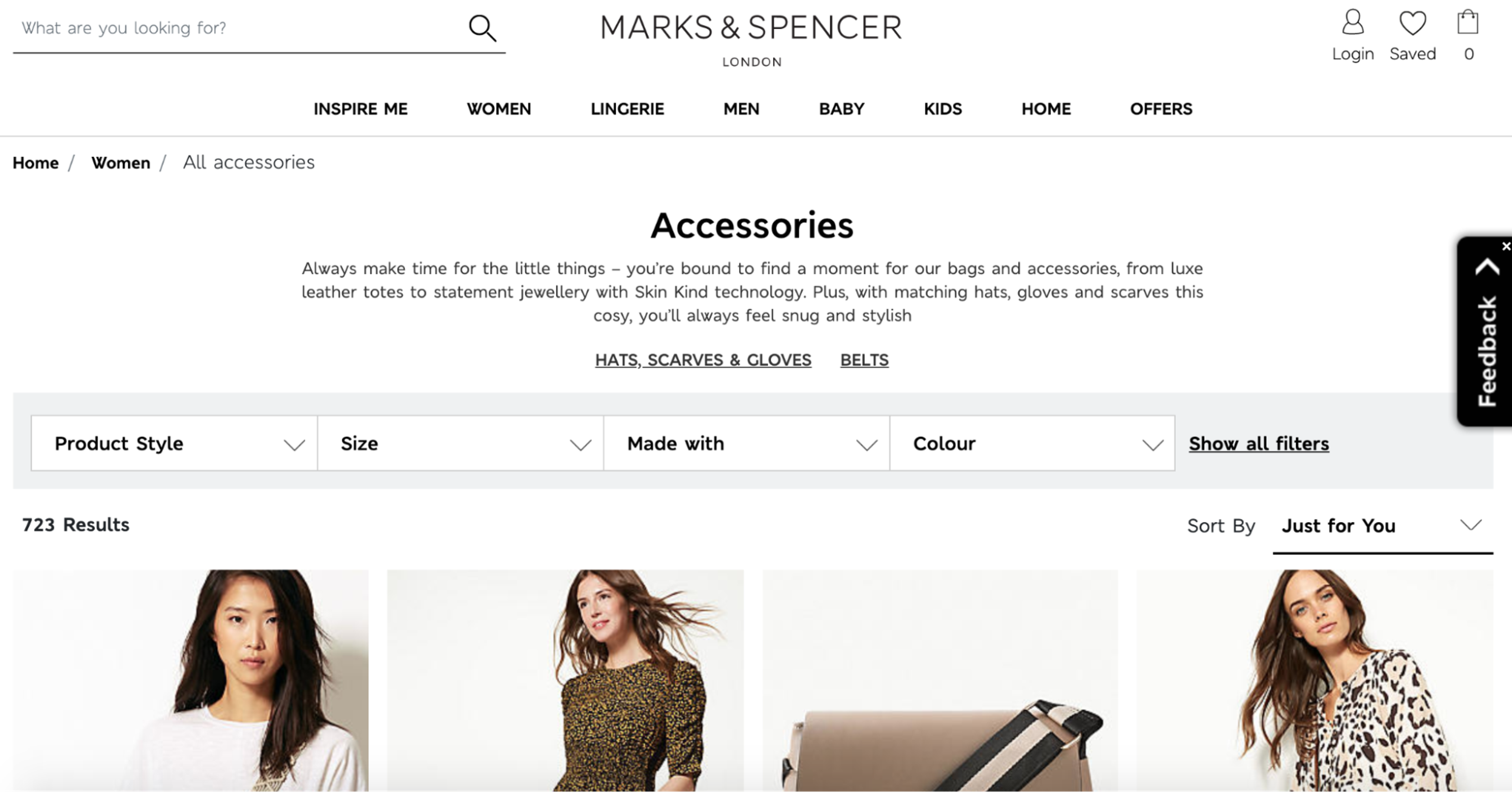 Marks & Spencer women's accessories subcategory page