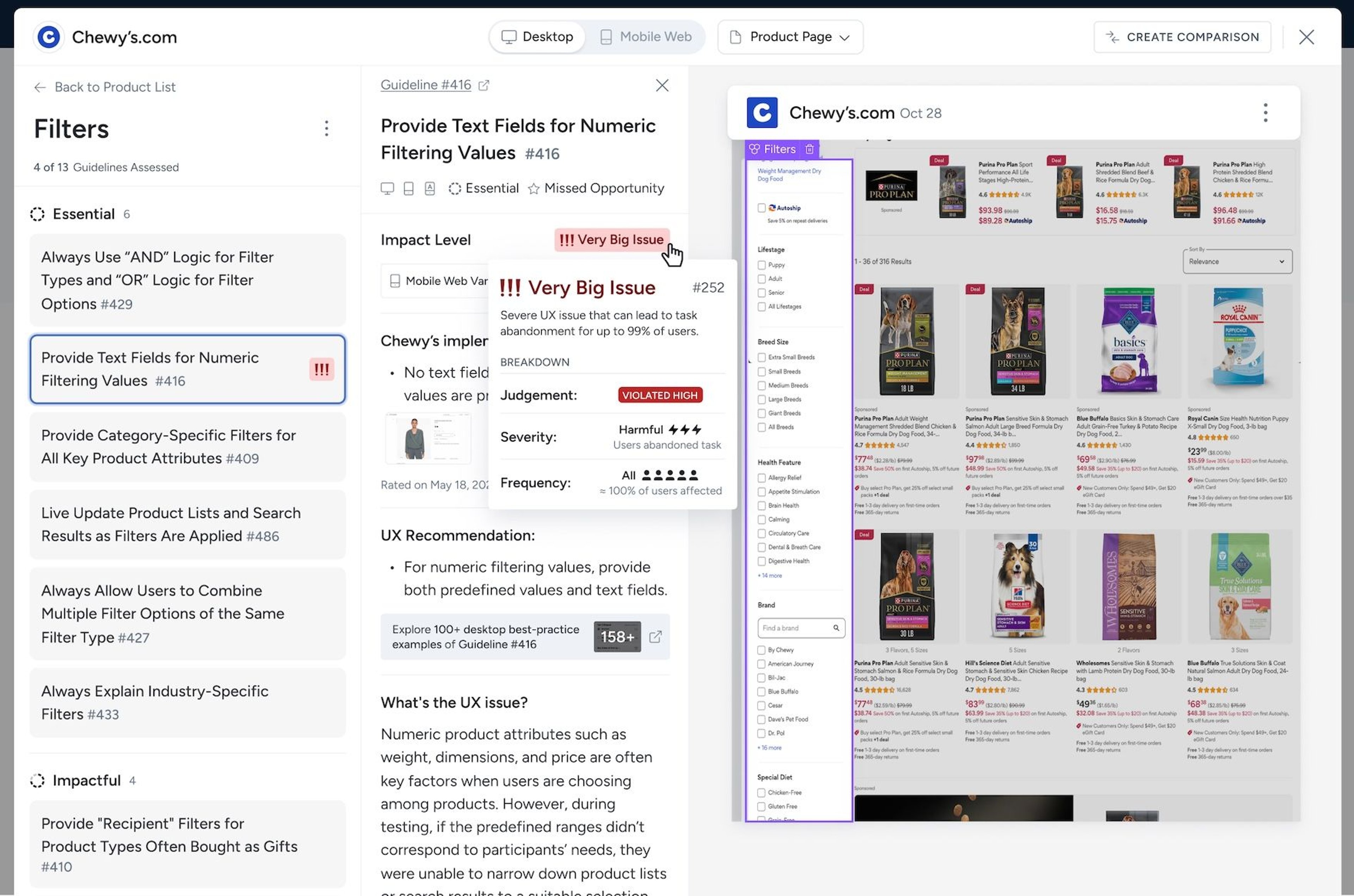 Example of UX recommendations provided for a site scan for Chewys.com