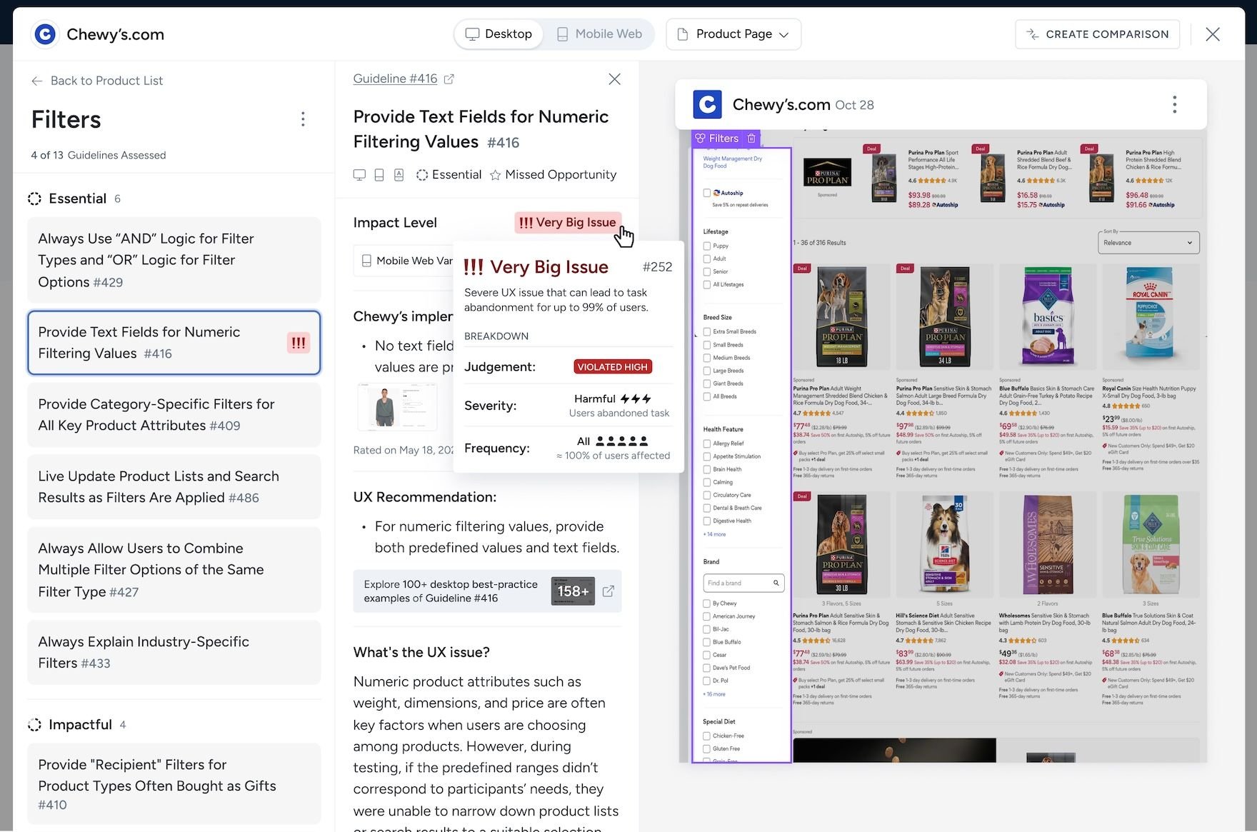 Example of UX recommendations provided for a site scan for Chewys.com