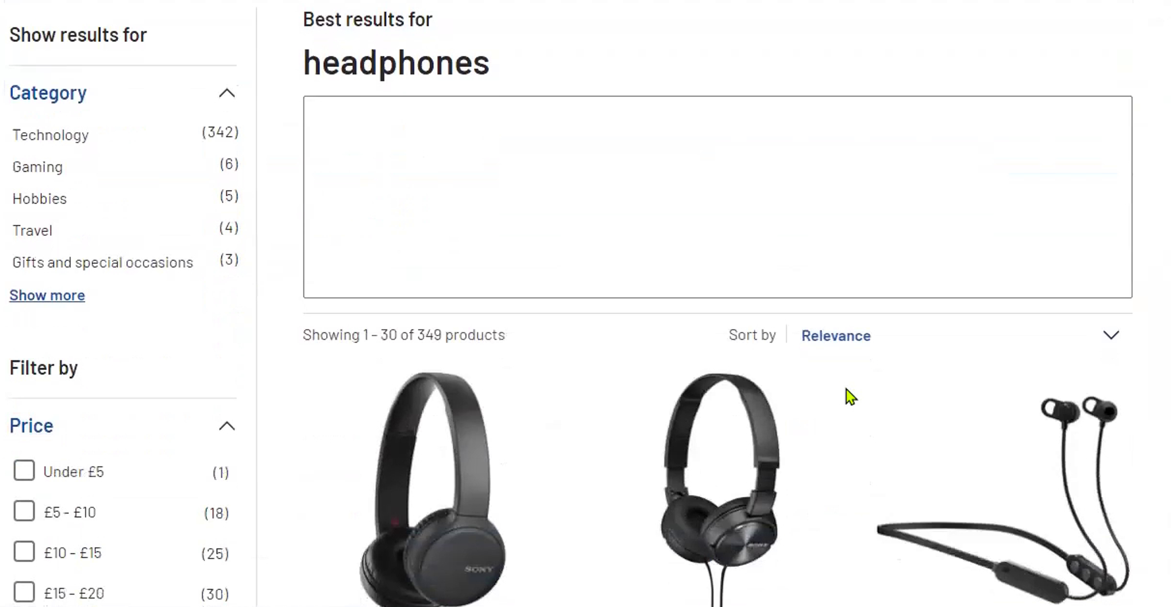 Argos search results page, showing results for "headphones"