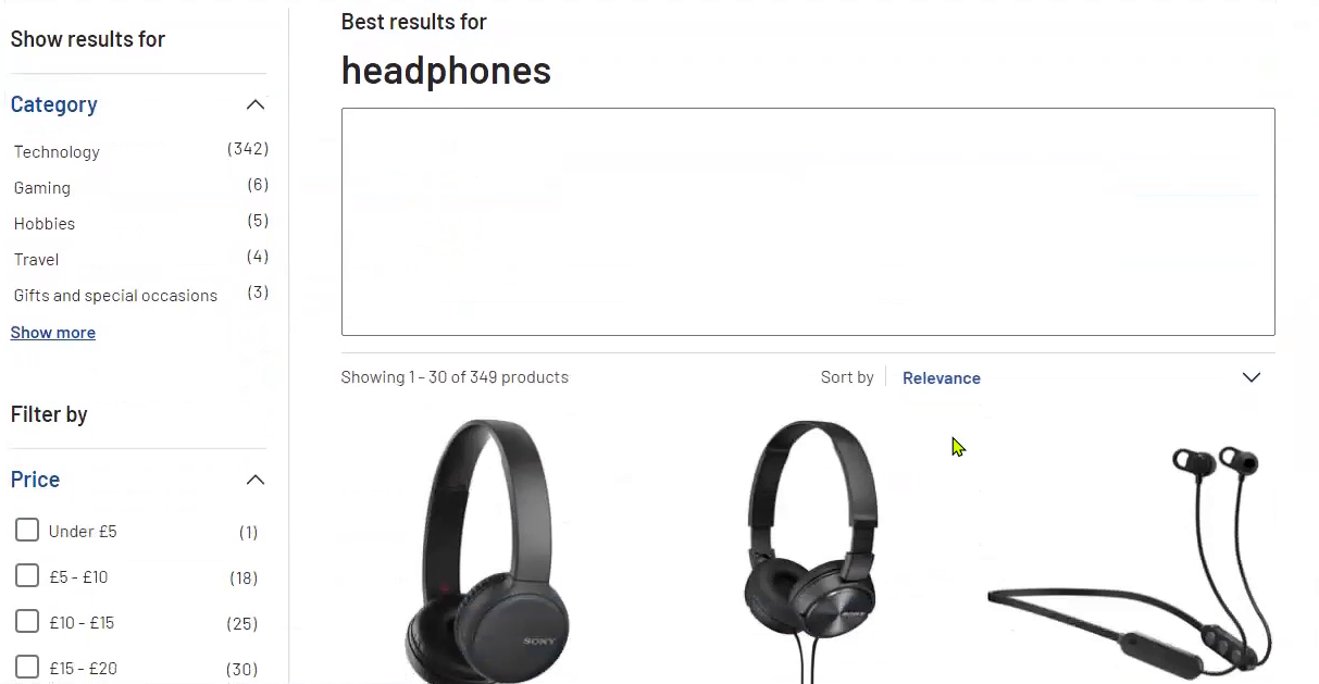 Argos search results page, showing results for "headphones"