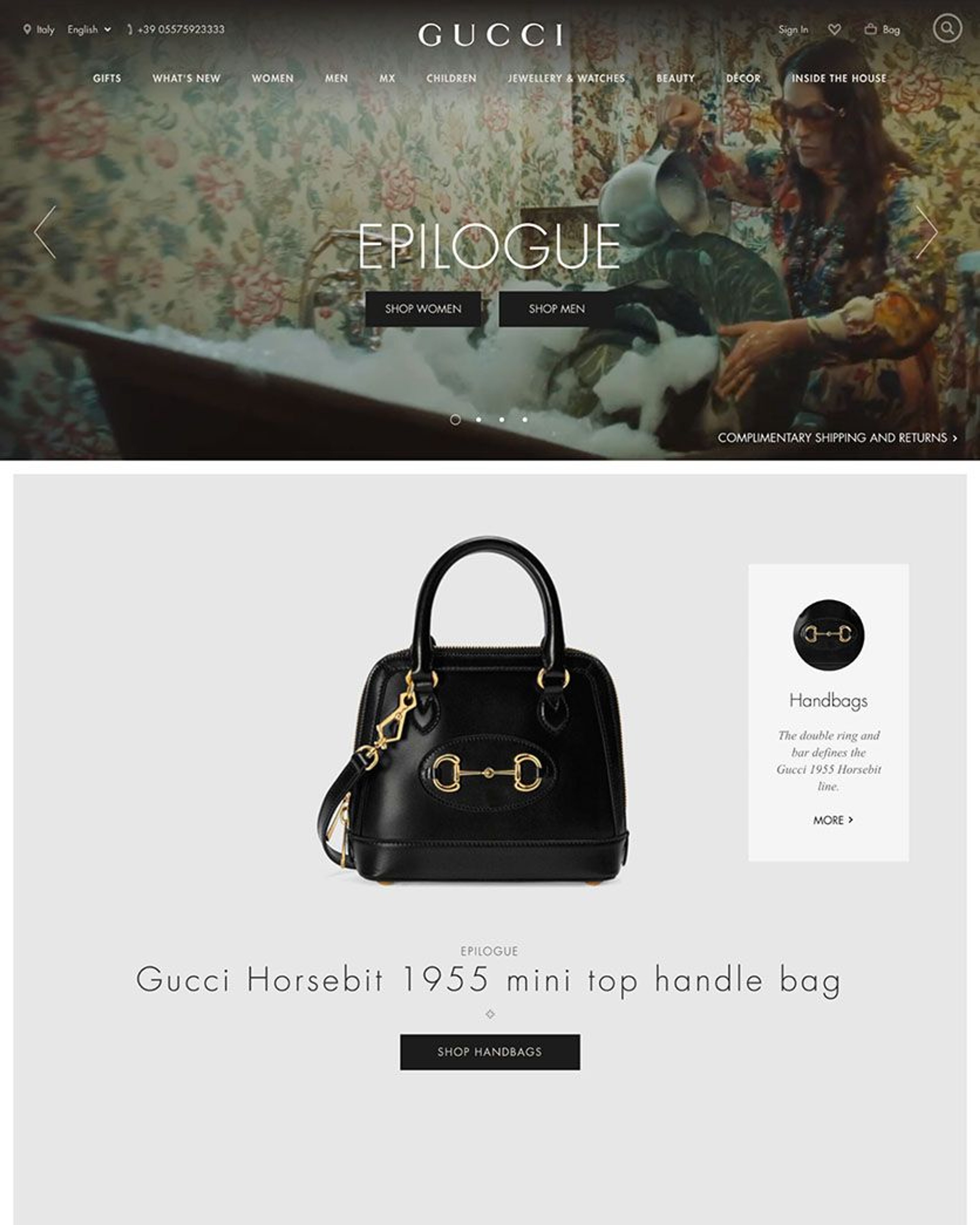 Gucci homepage featuring the Horsebit handbag and a text overlay with product information