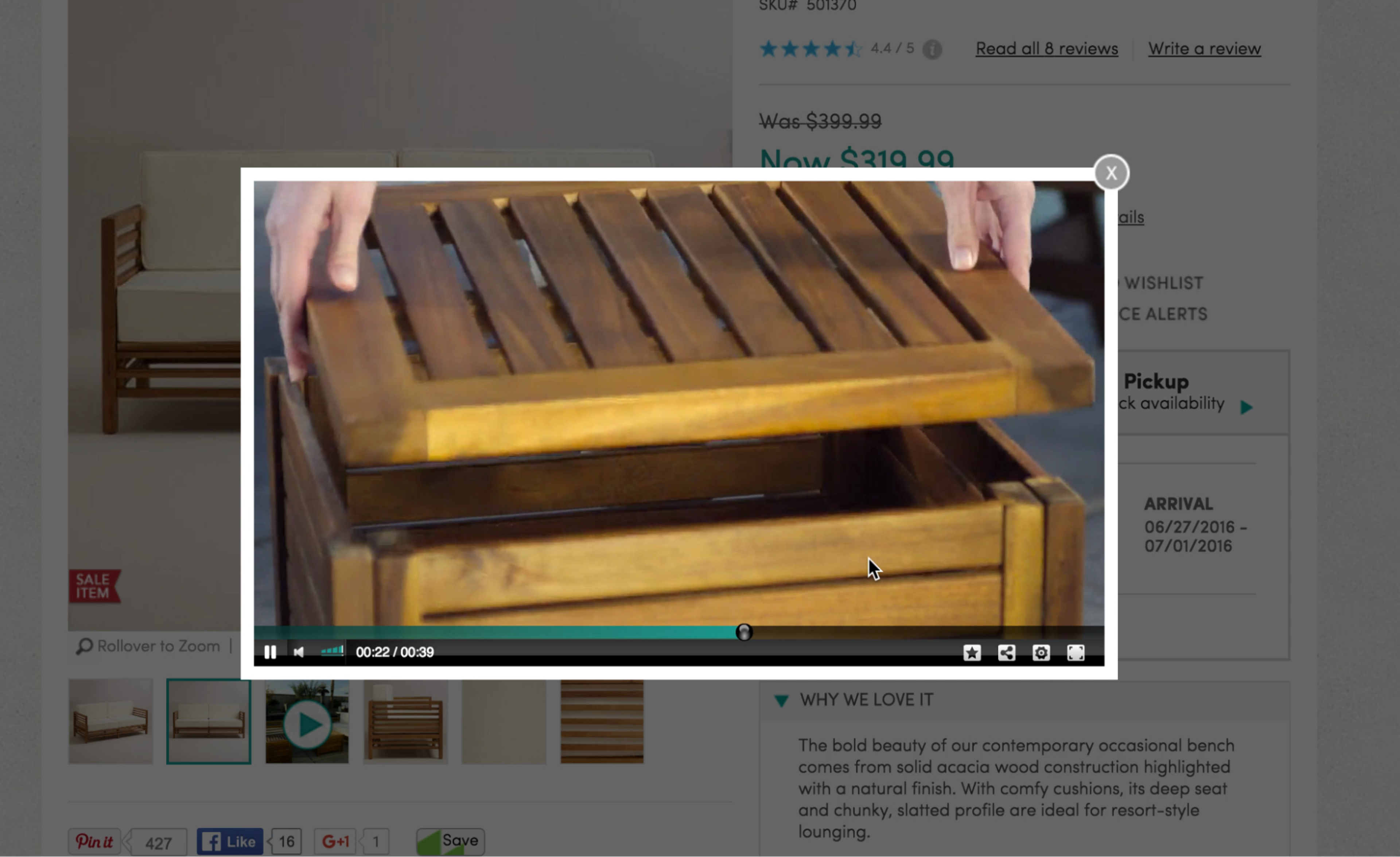 World Market product page for patio furniture with a product video playing in an overlay