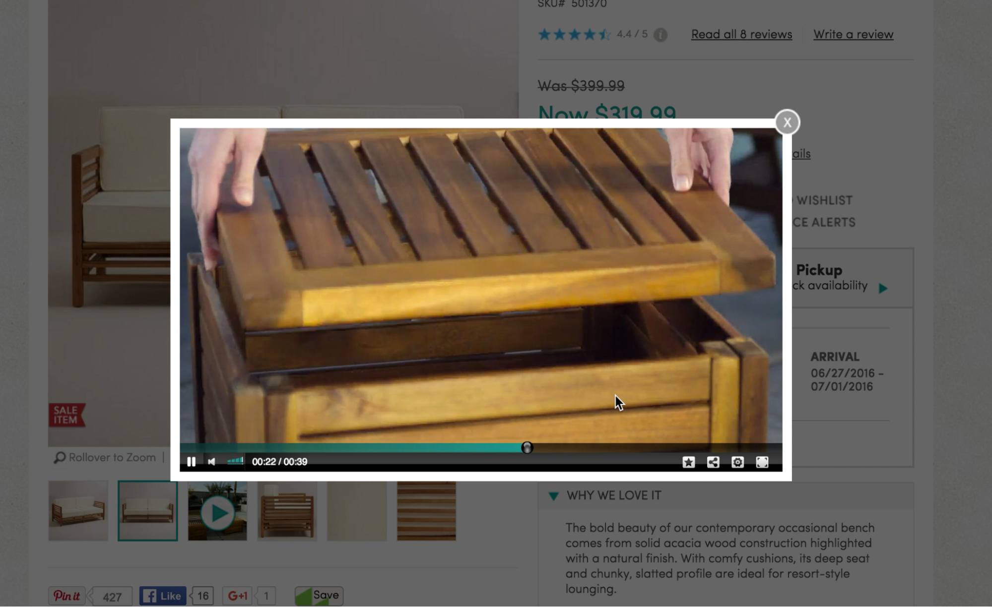 World Market product page for patio furniture with a product video playing in an overlay
