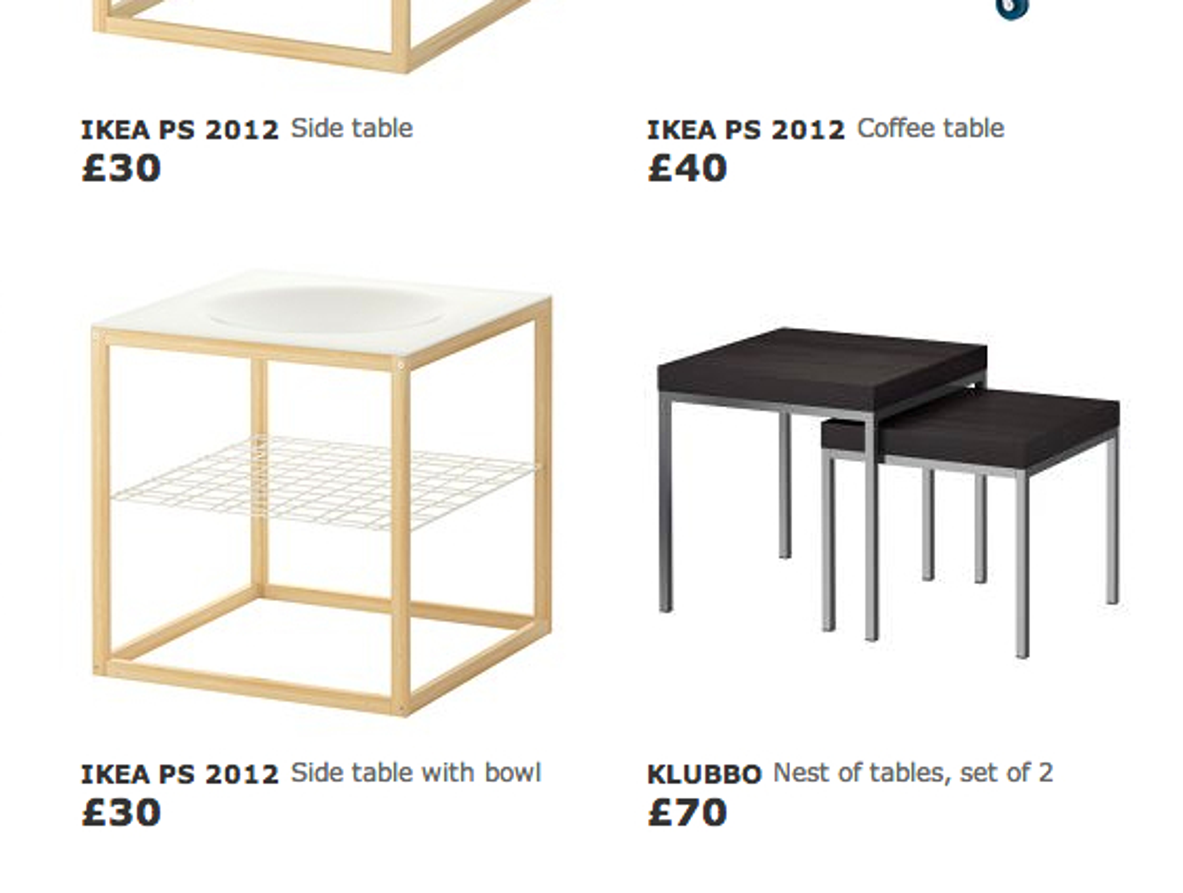 IKEA product listing page showing nests of tables, with the product name and type distinct from one another using font variations