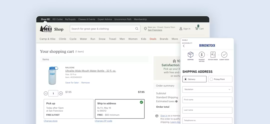 Screenshot of checkout flows on REI (desktop) and Birkenstock (mobile) websites