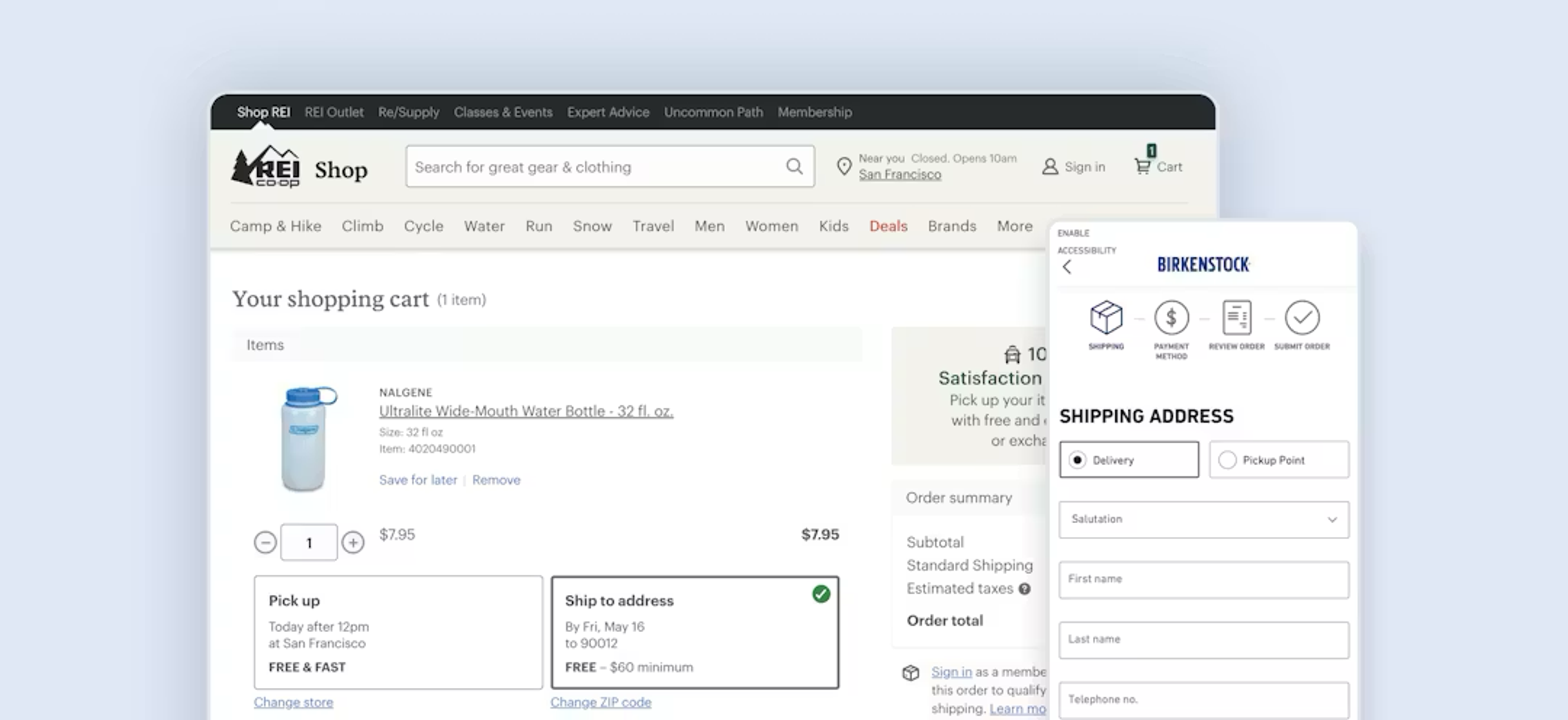Screenshot of checkout flows on REI (desktop) and Birkenstock (mobile) websites