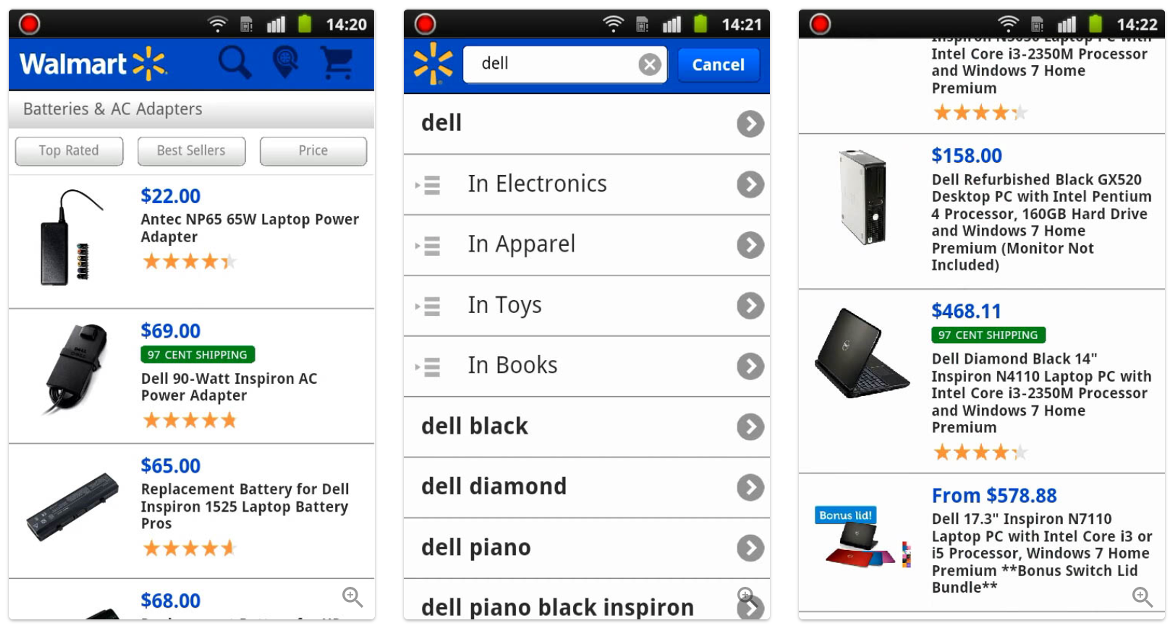 Three screenshots showing a user on Walmart's mobile website looking for a spare adapter for a Dell laptop and navigating to the highly relevant category ‘AC Adapters’ (first image). Since they only wanted to see adapters for Dell laptops, they proceeded to the search field and typed “Dell” (middle image). They were given site-wide search results, showing mainly Dell computers (last image).