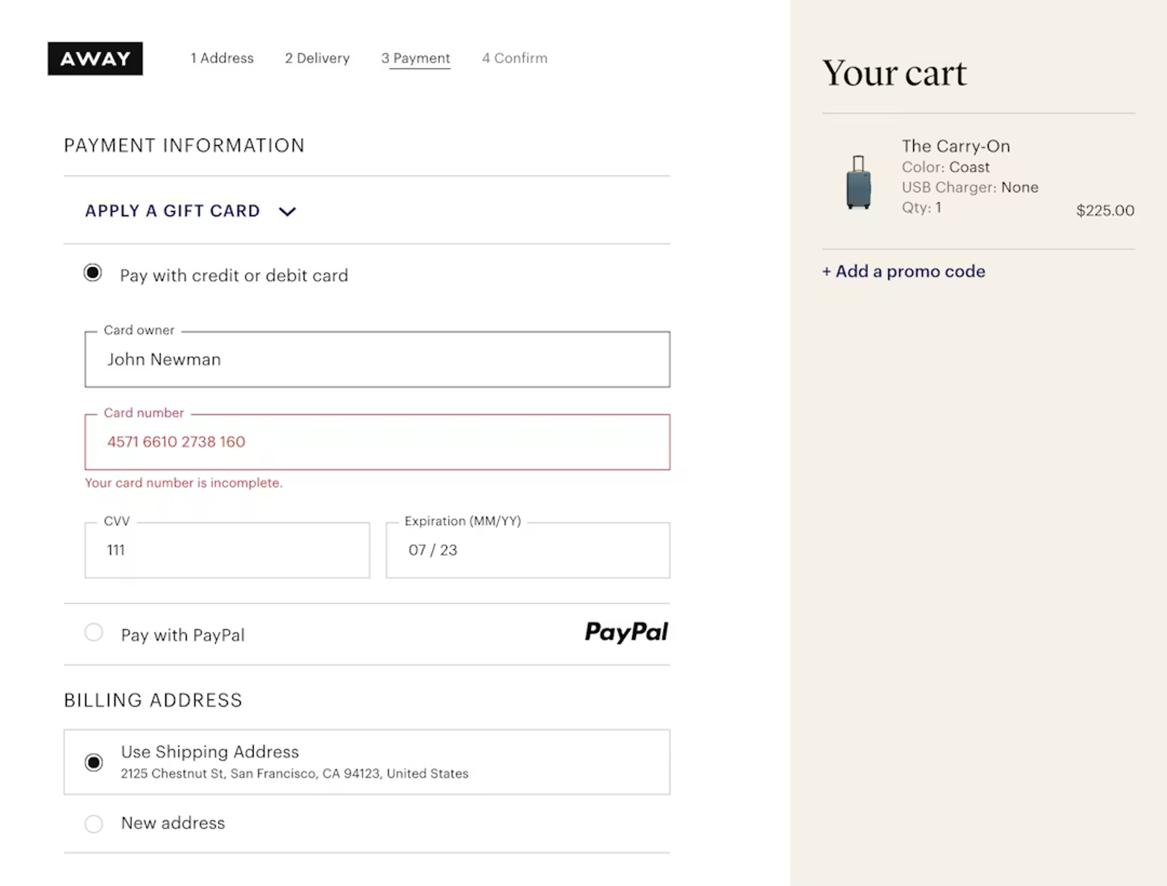 Card number error message shown on the checkout page at Away