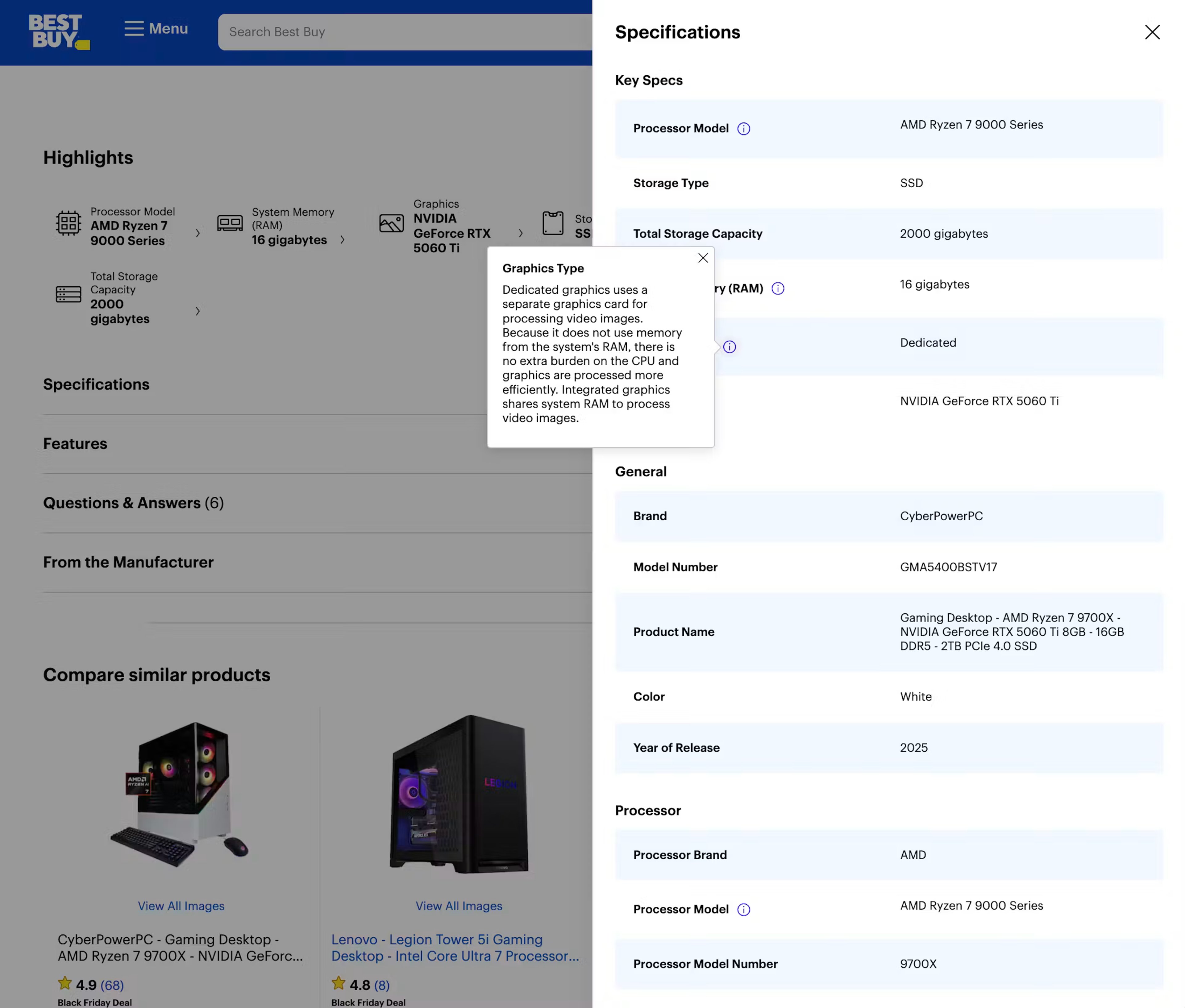 Best Buy computer product page with spec sheet overlaid on the right-hand side and a tooltip explaining the meaning of the term 'Graphics Type'.