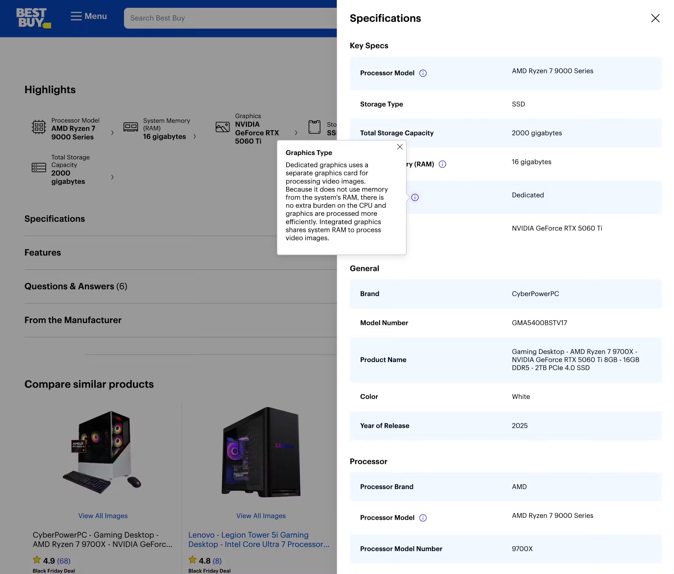 Best Buy computer product page with spec sheet overlaid on the right-hand side and a tooltip explaining the meaning of the term 'Graphics Type'.