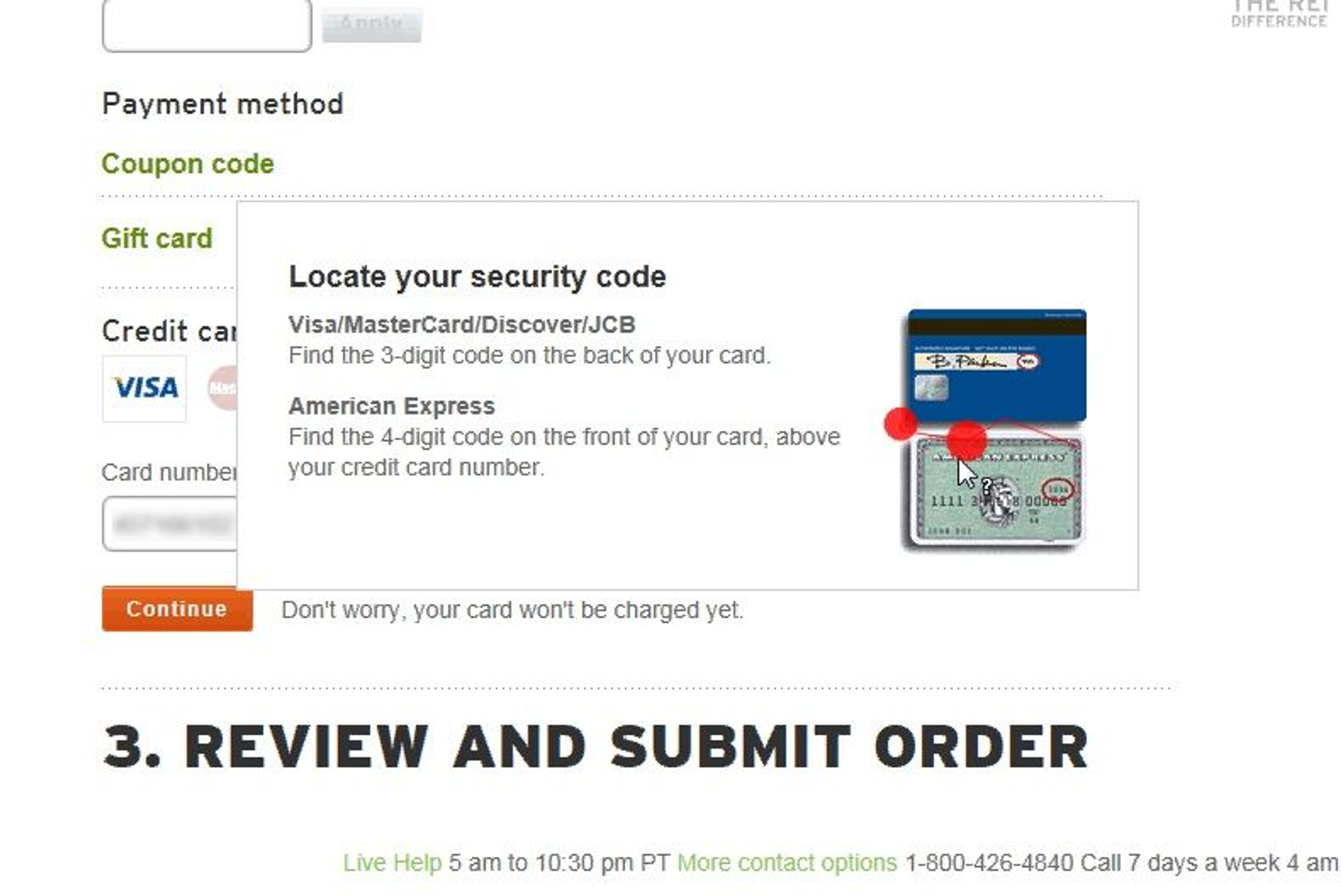 REI checkout form showing a tooltip to help users locate the security code on their credit card