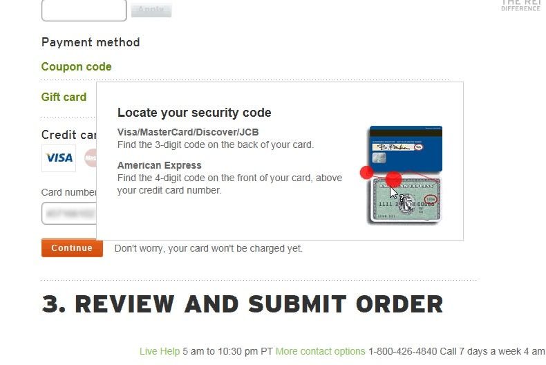 REI checkout form showing a tooltip to help users locate the security code on their credit card