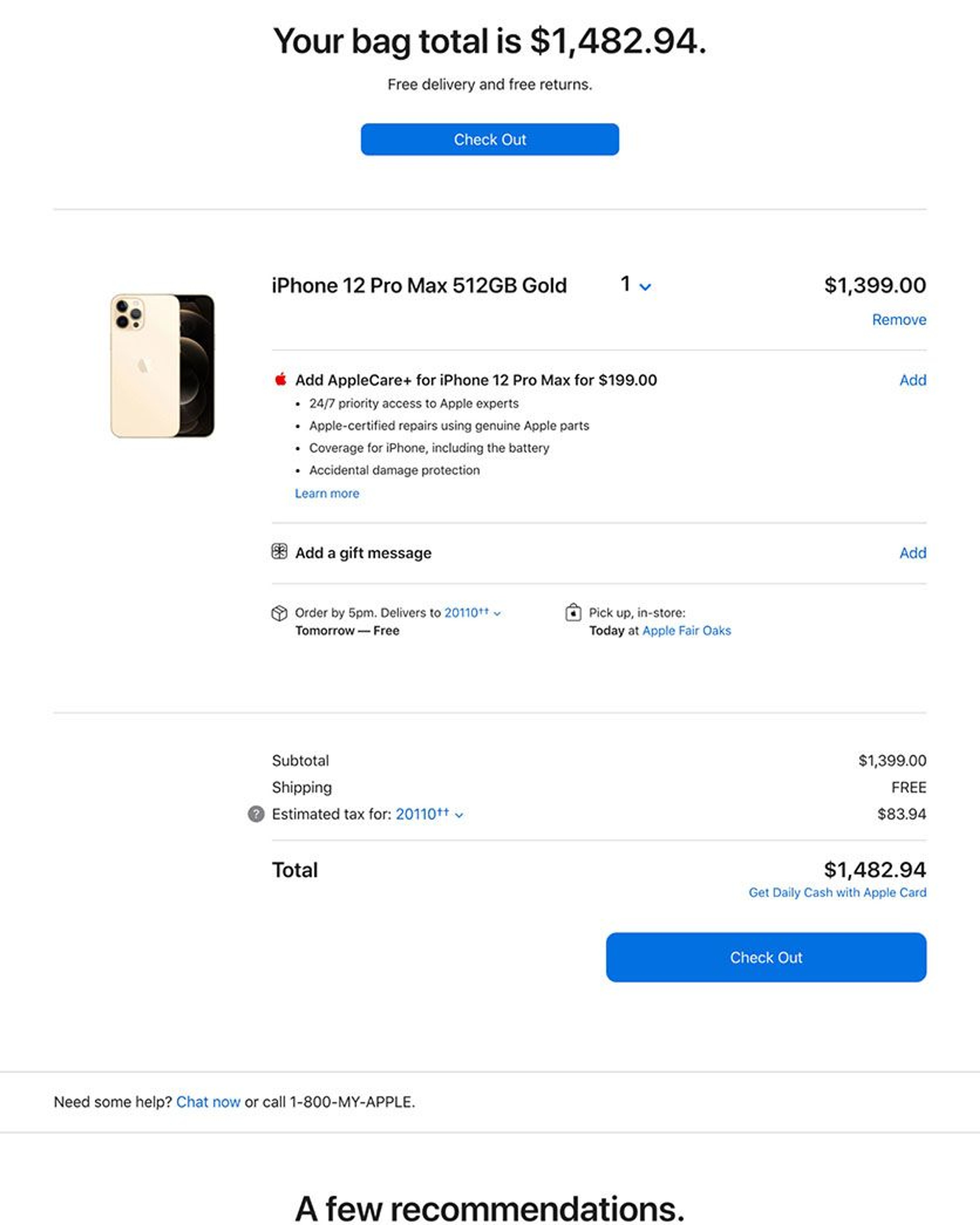 Apple cart page showing an iPhone Pro Max 512GB in Gold in the cart with total order estimate