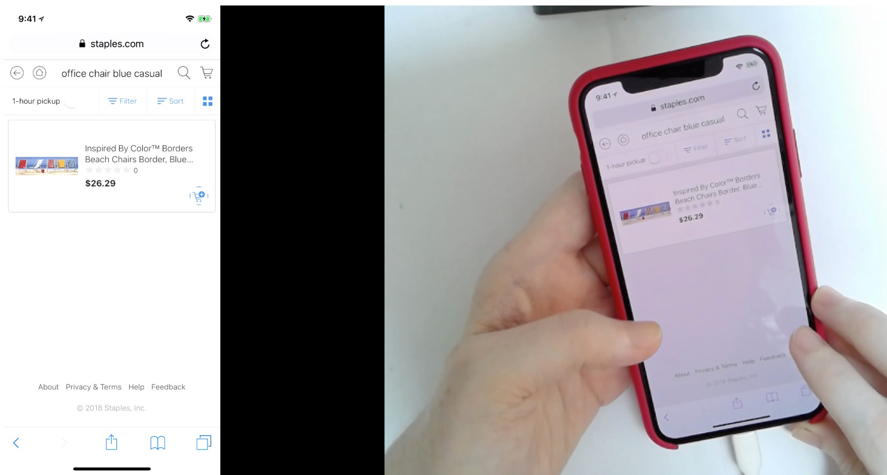 A user user on Staples' website searching for “office chair blue casual” on an iPhone, with a screenshot showing only a single irrelevant result - a painting