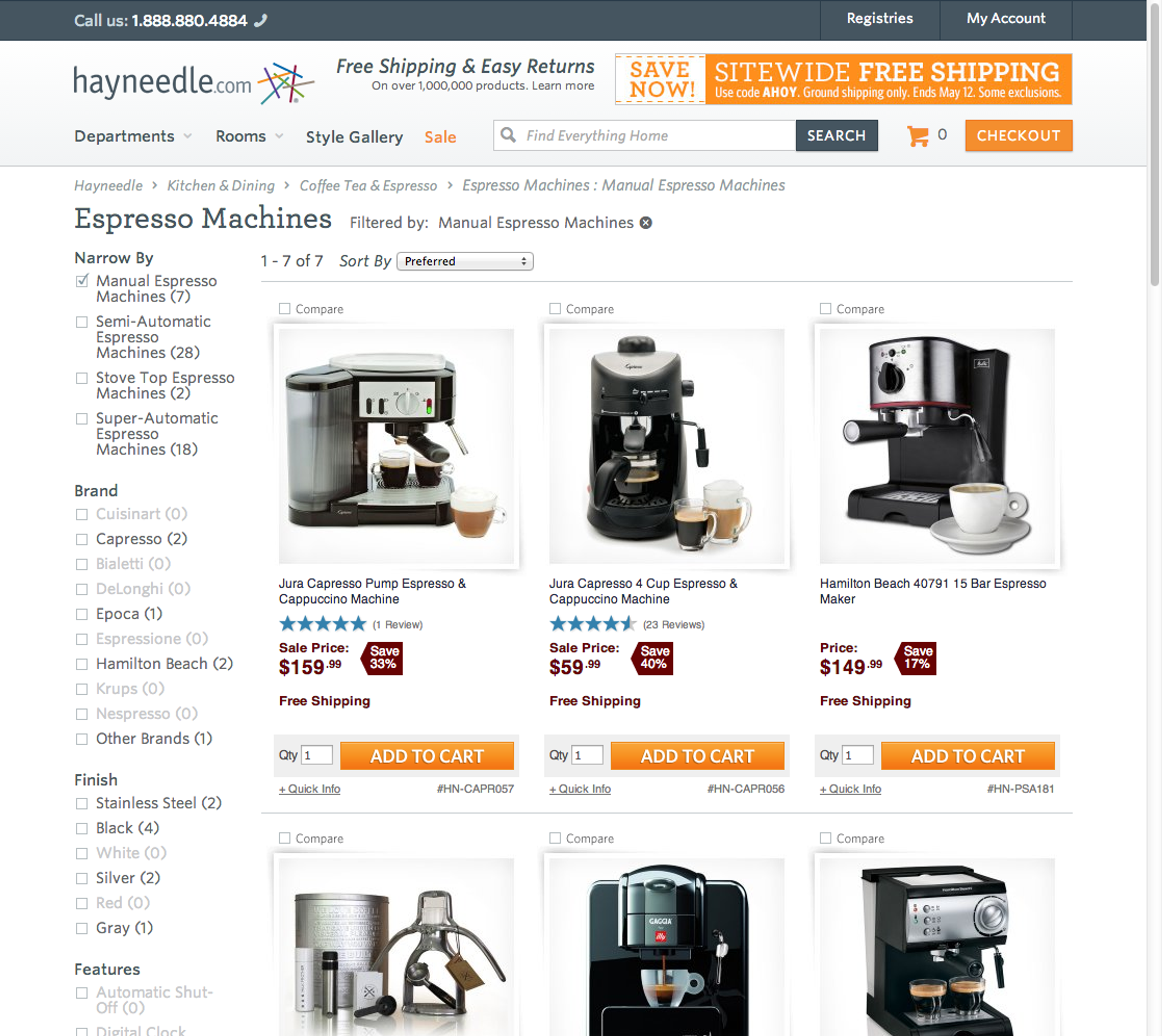 Hayneedle espresso machines category page with a Manual Espresso Machines” filter applied