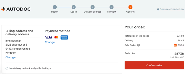 Form wizard shown on the Autodoc website checkout flow
