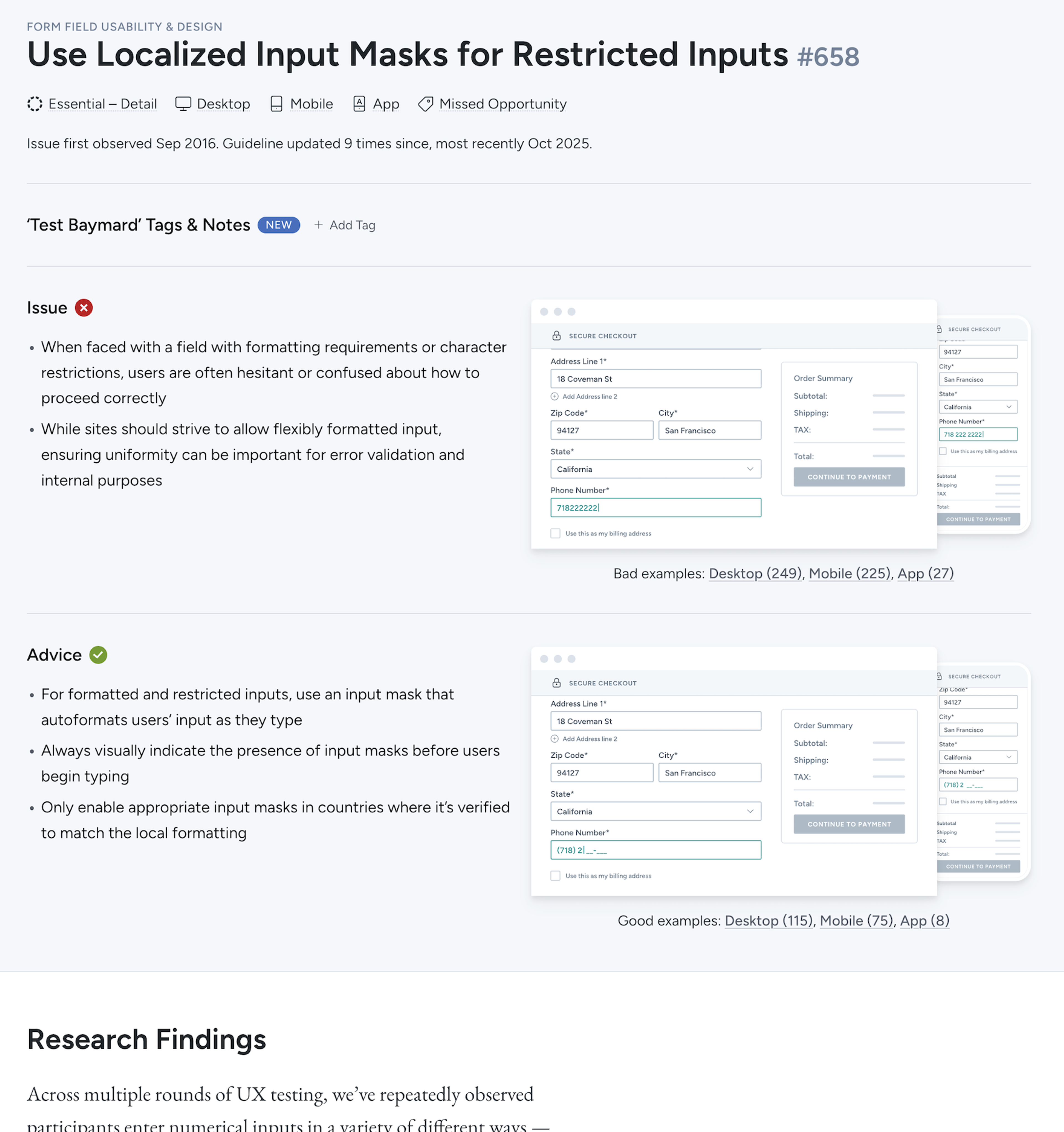 Snapshot of Baymard's research guidelines