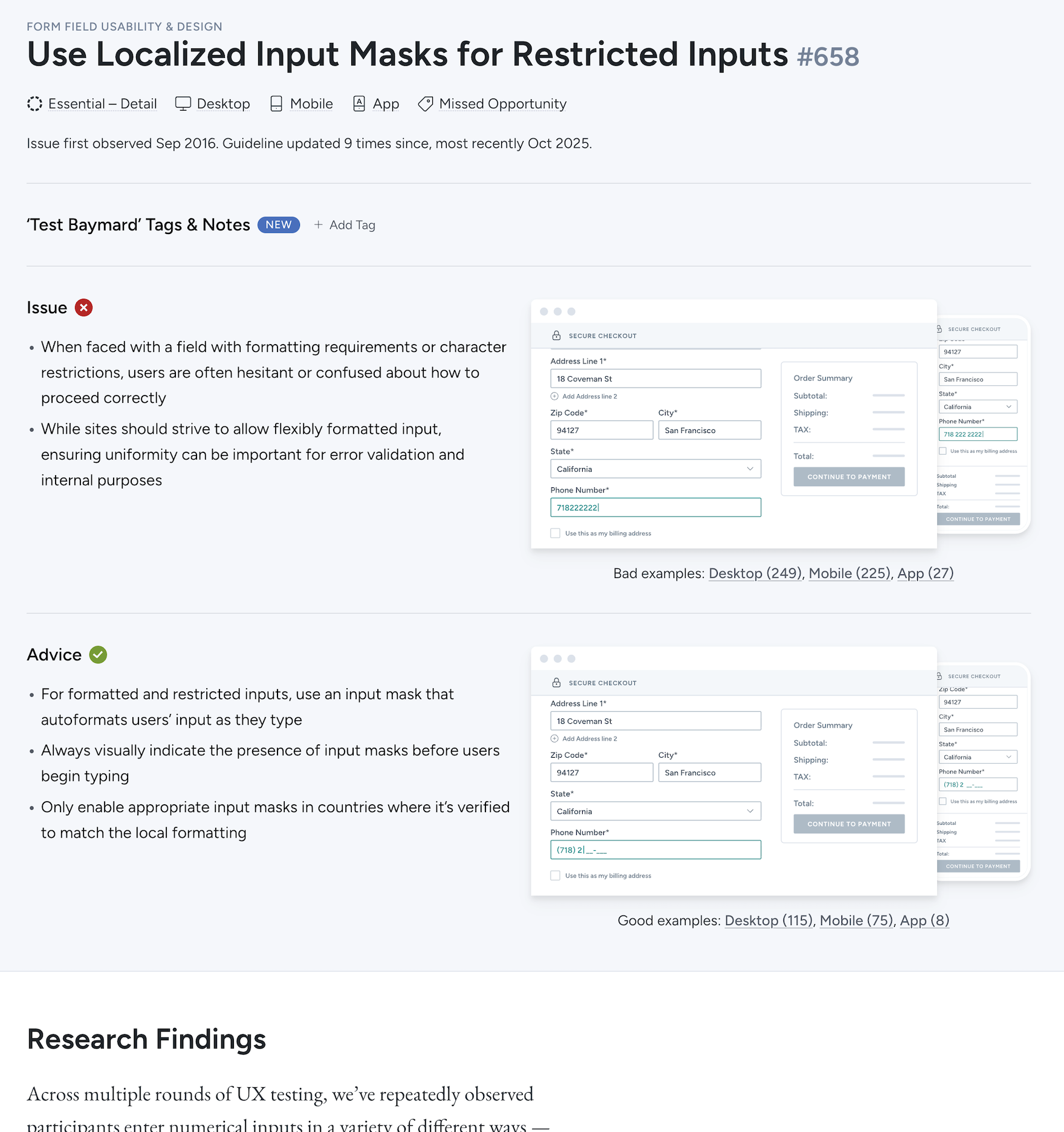 Snapshot of Baymard's research guidelines