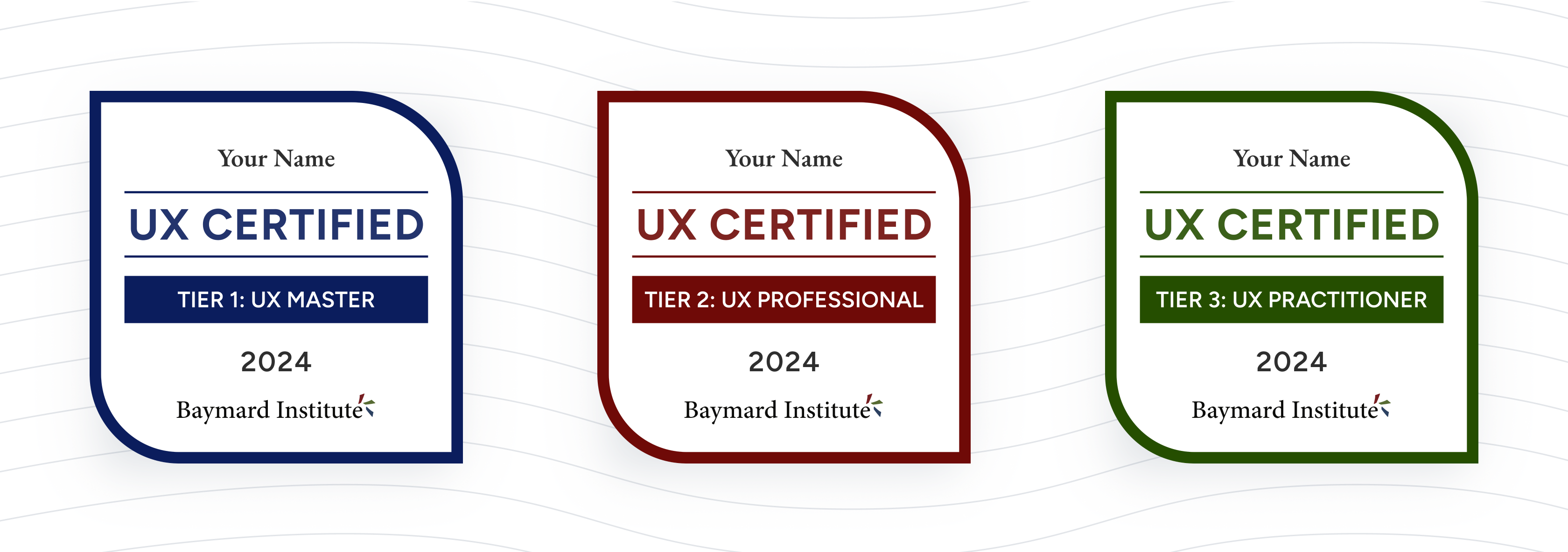 The three tiers of Baymard's UX Certifications; UX Master, UX Professional, UX Practitioner