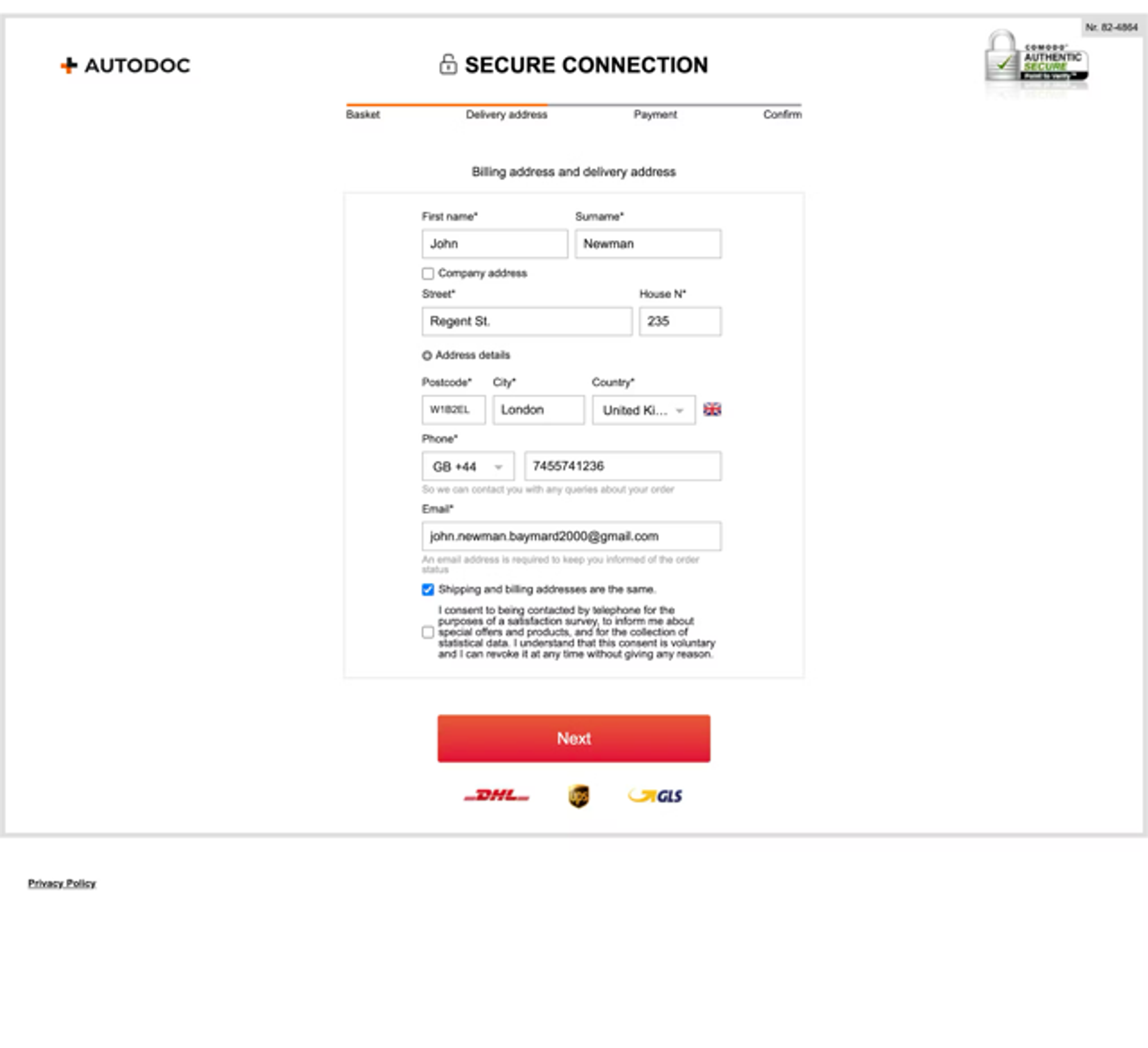 Checkout form on the Autodoc website