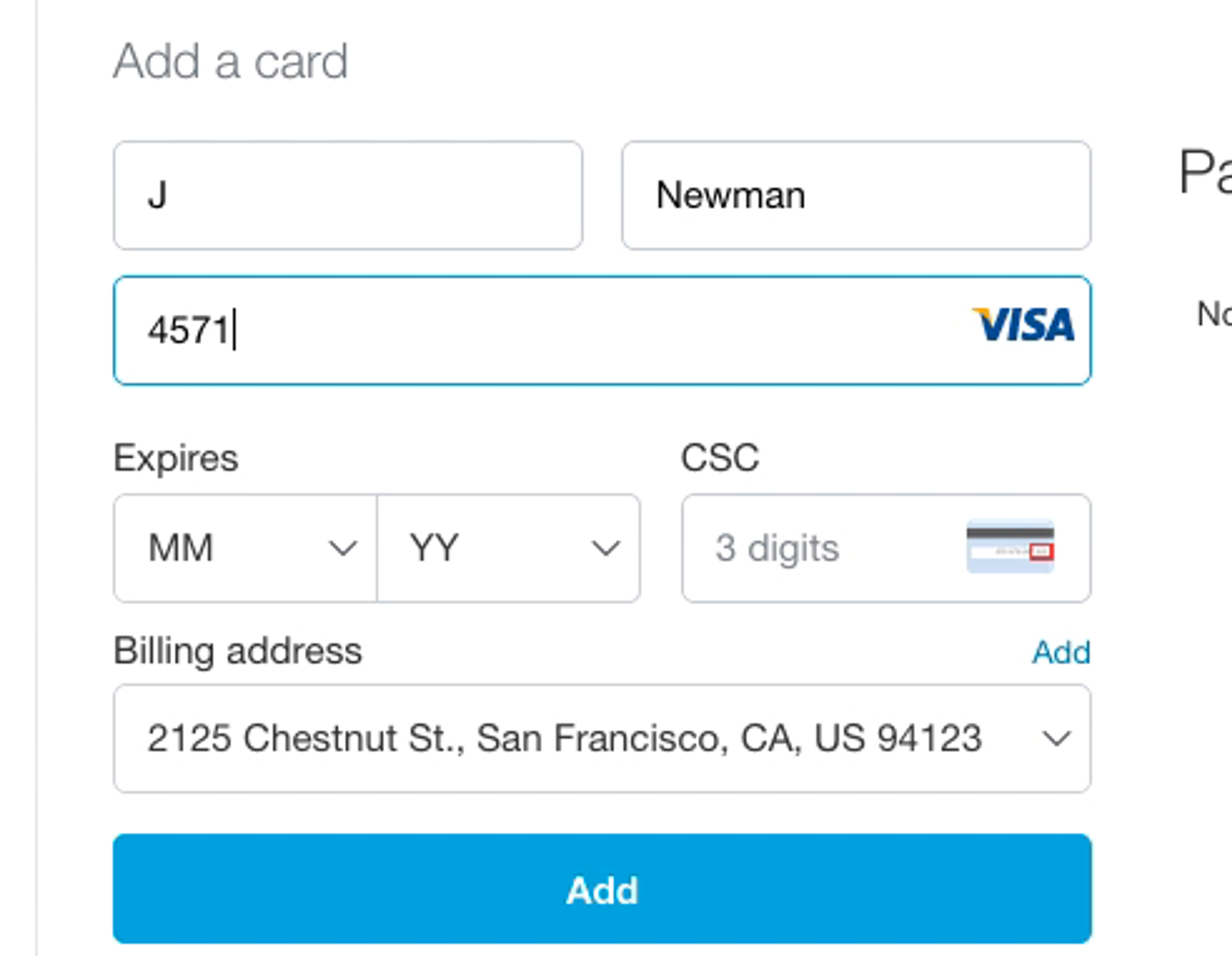 PayPal's credit card detail entry form