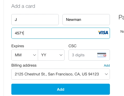 PayPal's credit card detail entry form