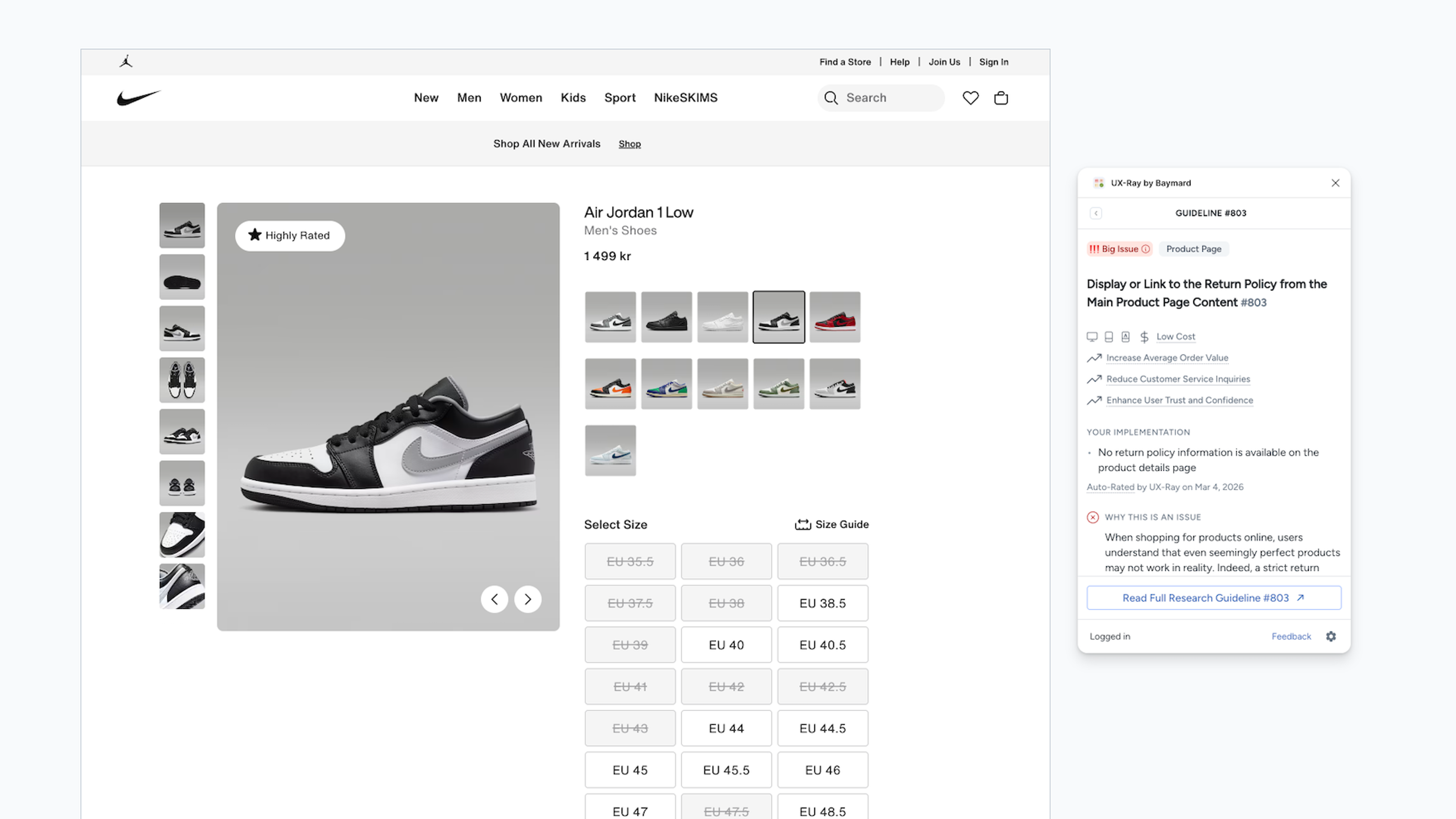 UX-Ray Figma scan showing UX recommendations on a Nike shoe product page