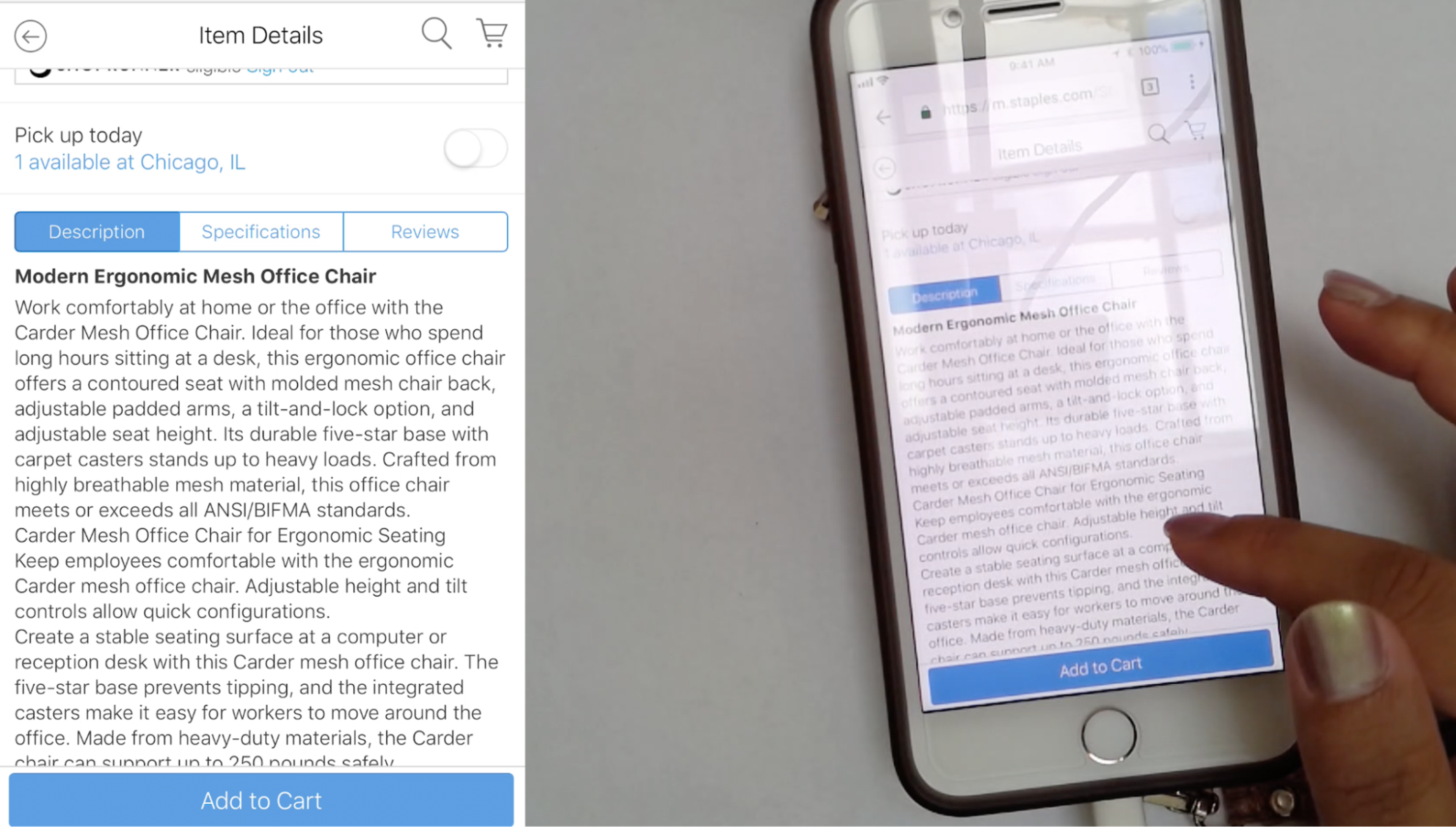 A user reading a product description on the Staples mobile website on an iPhone